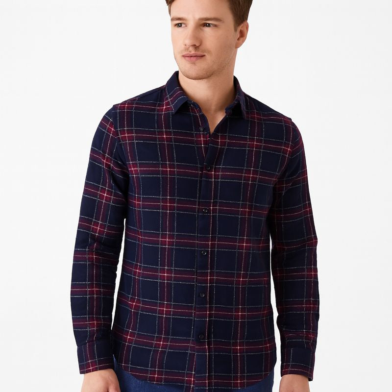 Men’s Navy Blue & Maroon Checkered Casual Shirt – Full Sleeve, Regular Fit