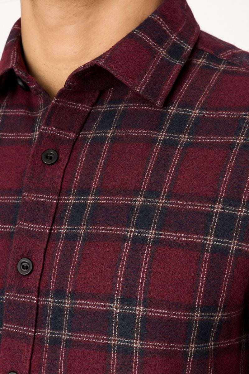 Men’s Maroon Checkered Casual Shirt – Full Sleeve, Regular Fit