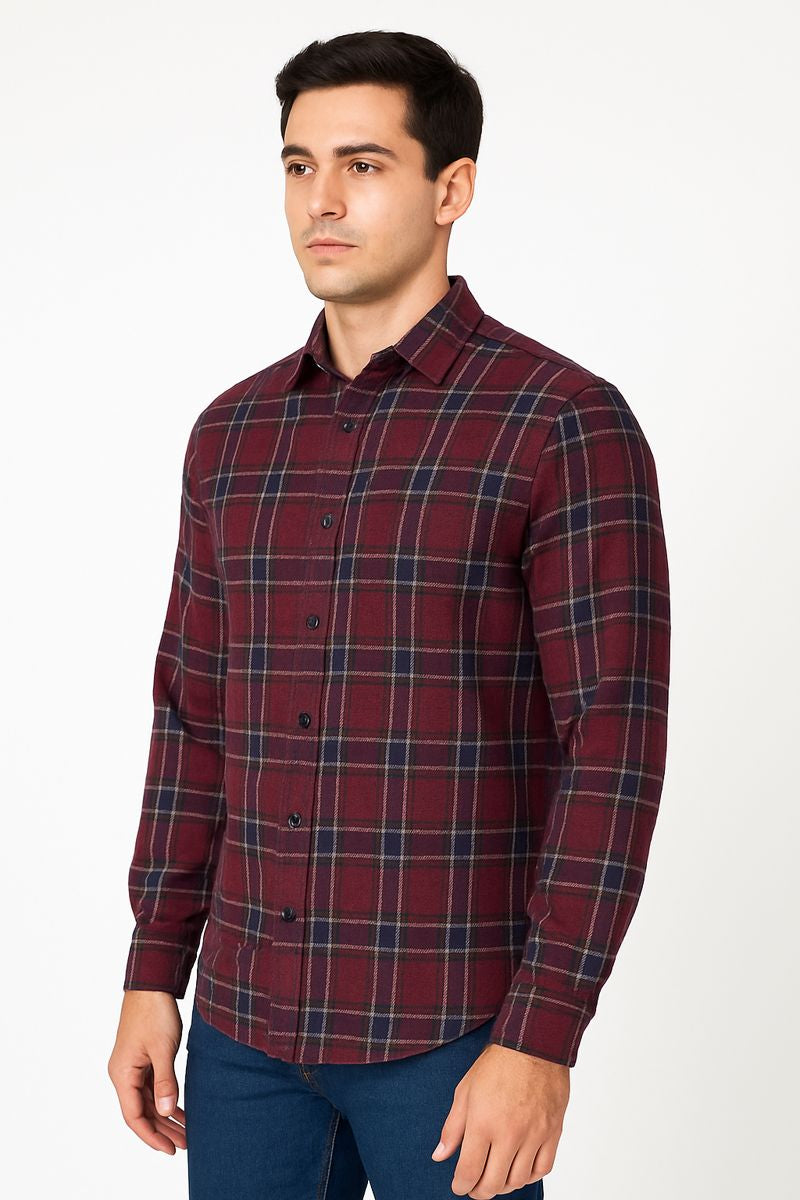 Men’s Maroon Checkered Casual Shirt – Full Sleeve, Regular Fit
