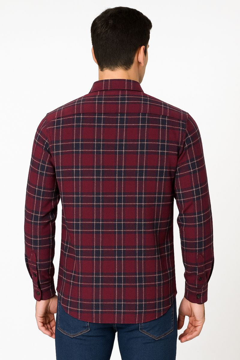 Men’s Maroon Checkered Casual Shirt – Full Sleeve, Regular Fit