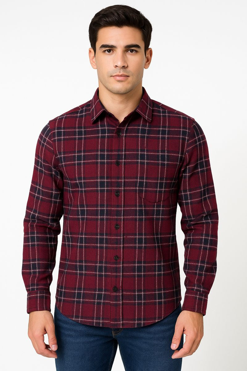 Men’s Maroon Checkered Casual Shirt – Full Sleeve, Regular Fit