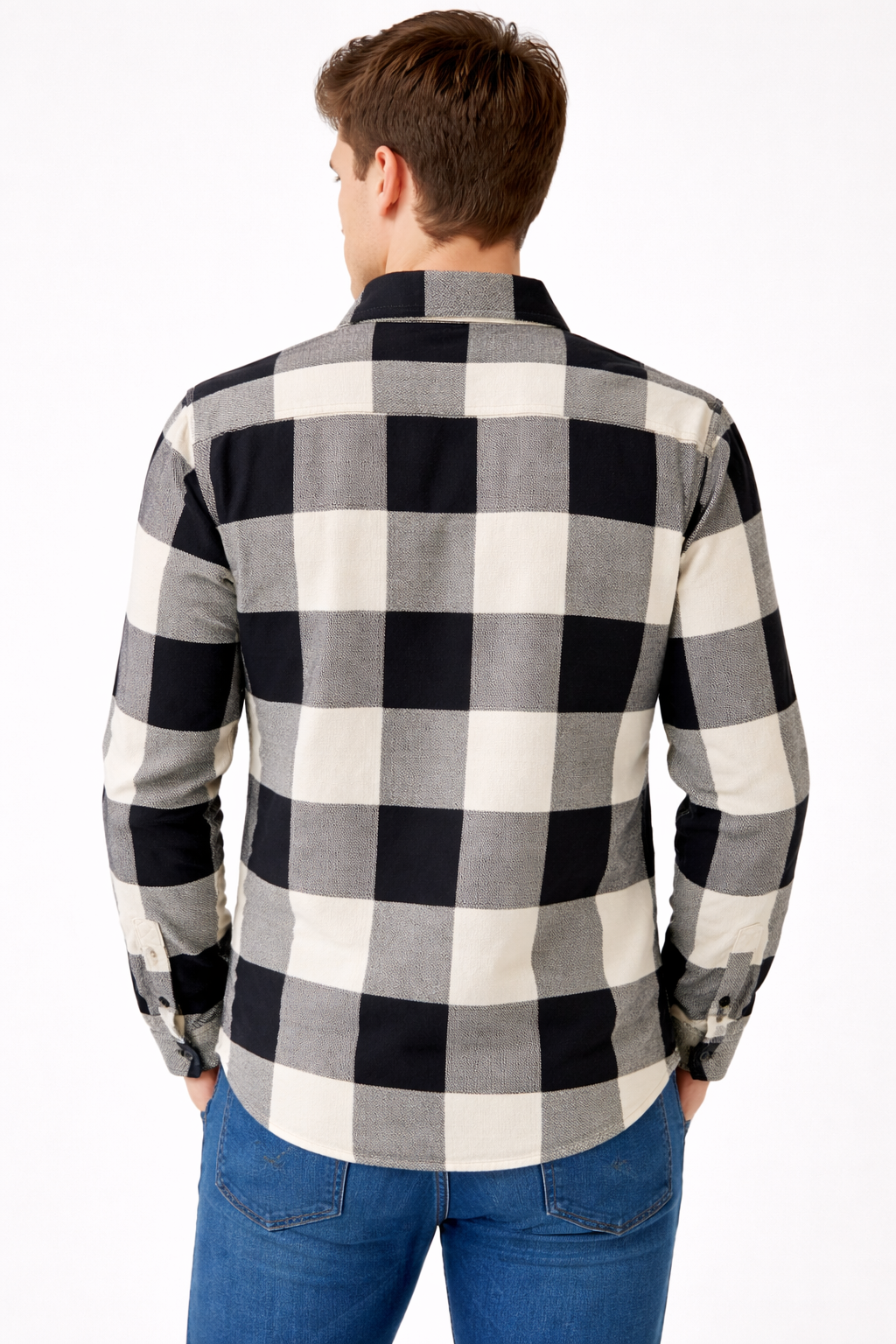 Men’s Black & White Checkered Casual Shirt – Dual Pocket, Regular Fit