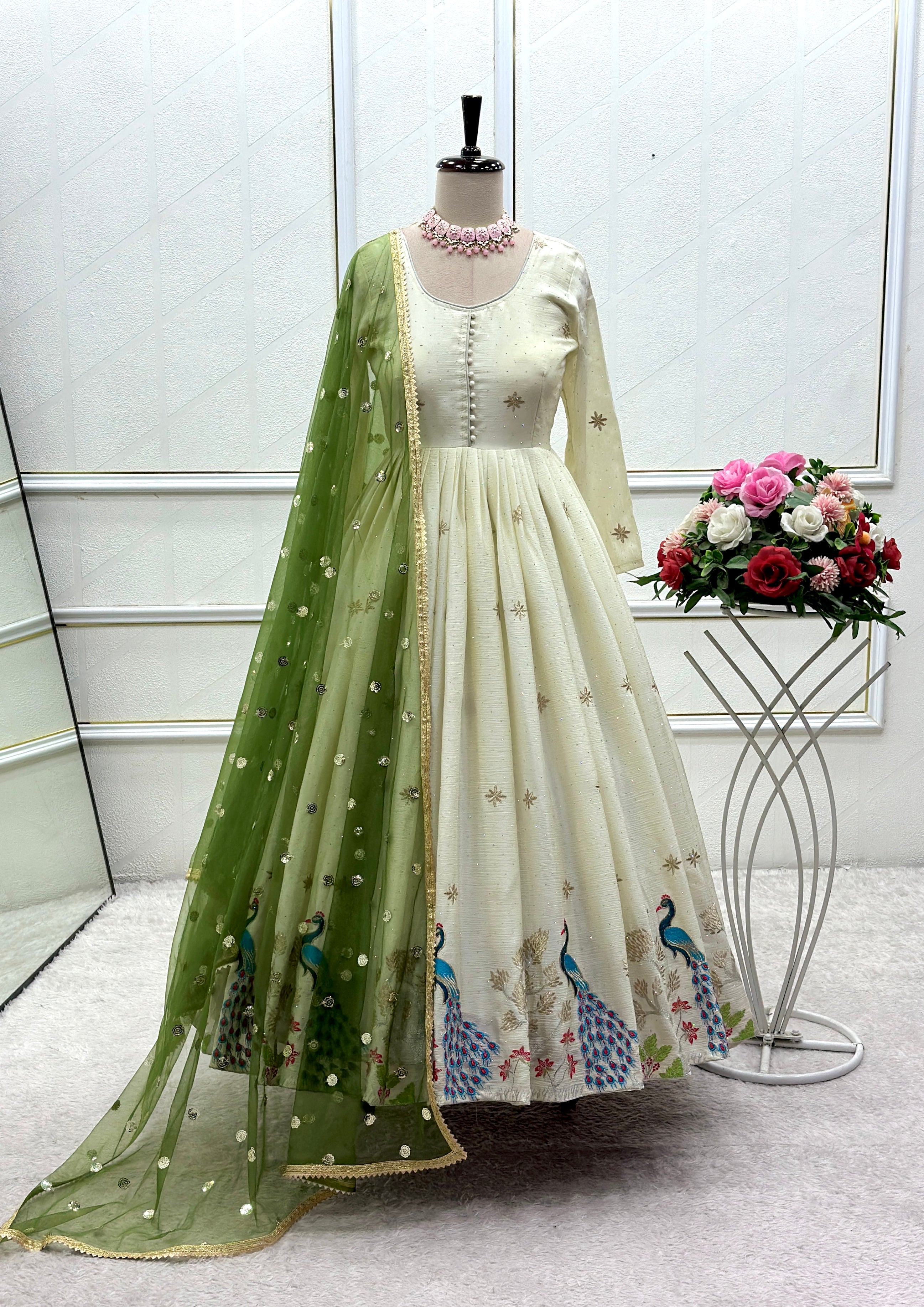 Designer Dola Silk Anarkali Suit with Swarovski Diamond Work, Pant & Net Dupatta