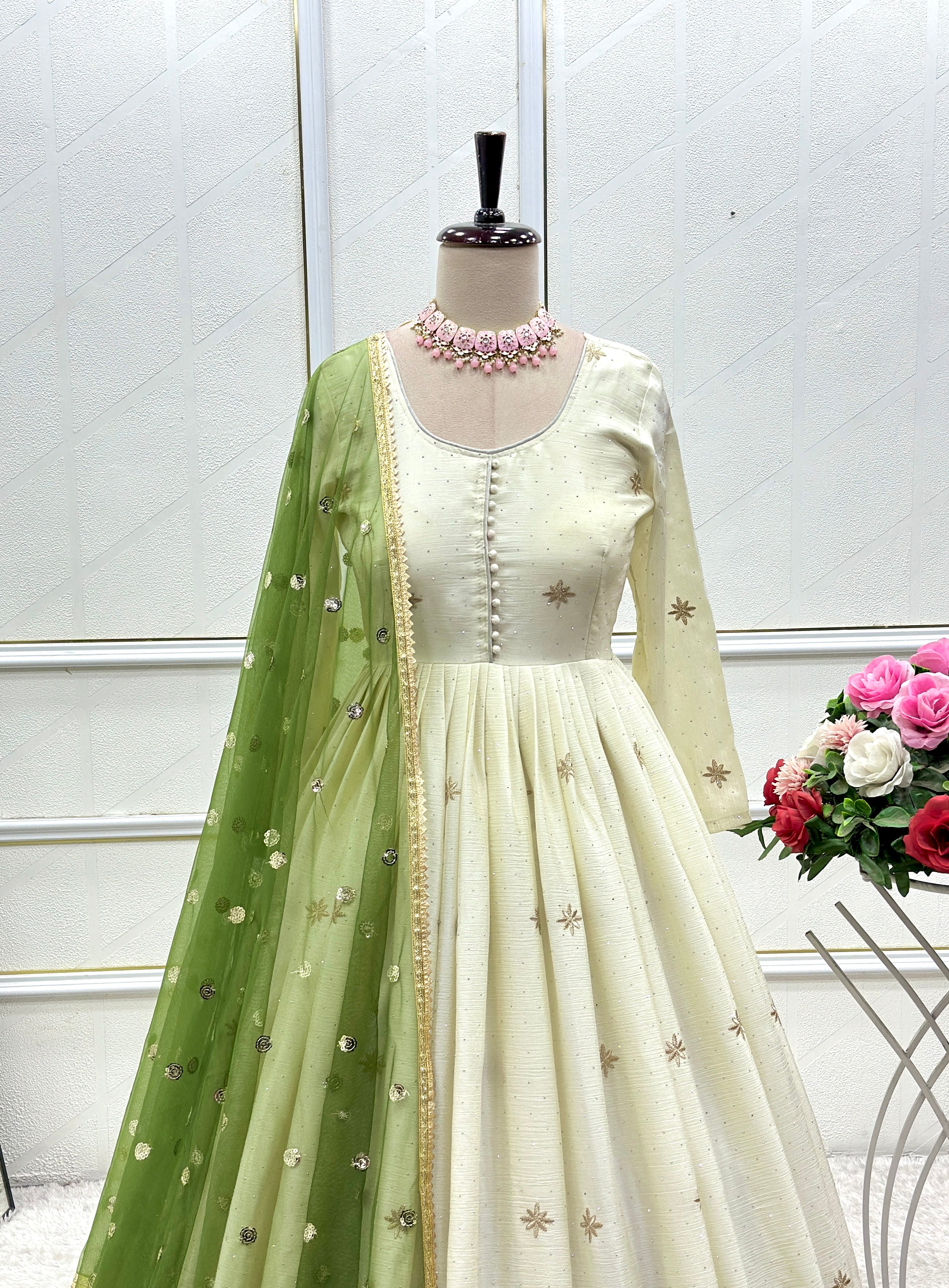 Designer Dola Silk Anarkali Suit with Swarovski Diamond Work, Pant & Net Dupatta