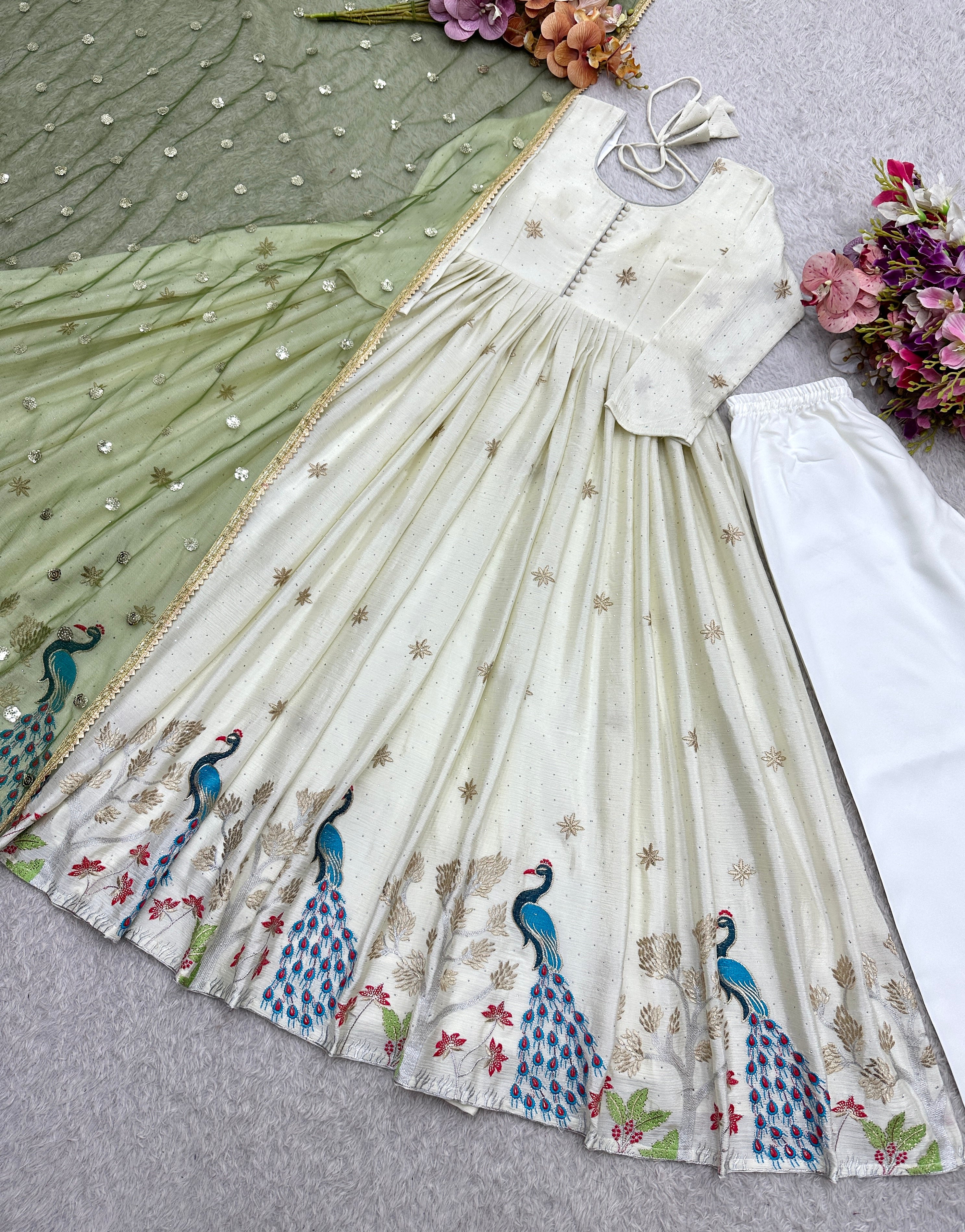 Designer Dola Silk Anarkali Suit with Swarovski Diamond Work, Pant & Net Dupatta