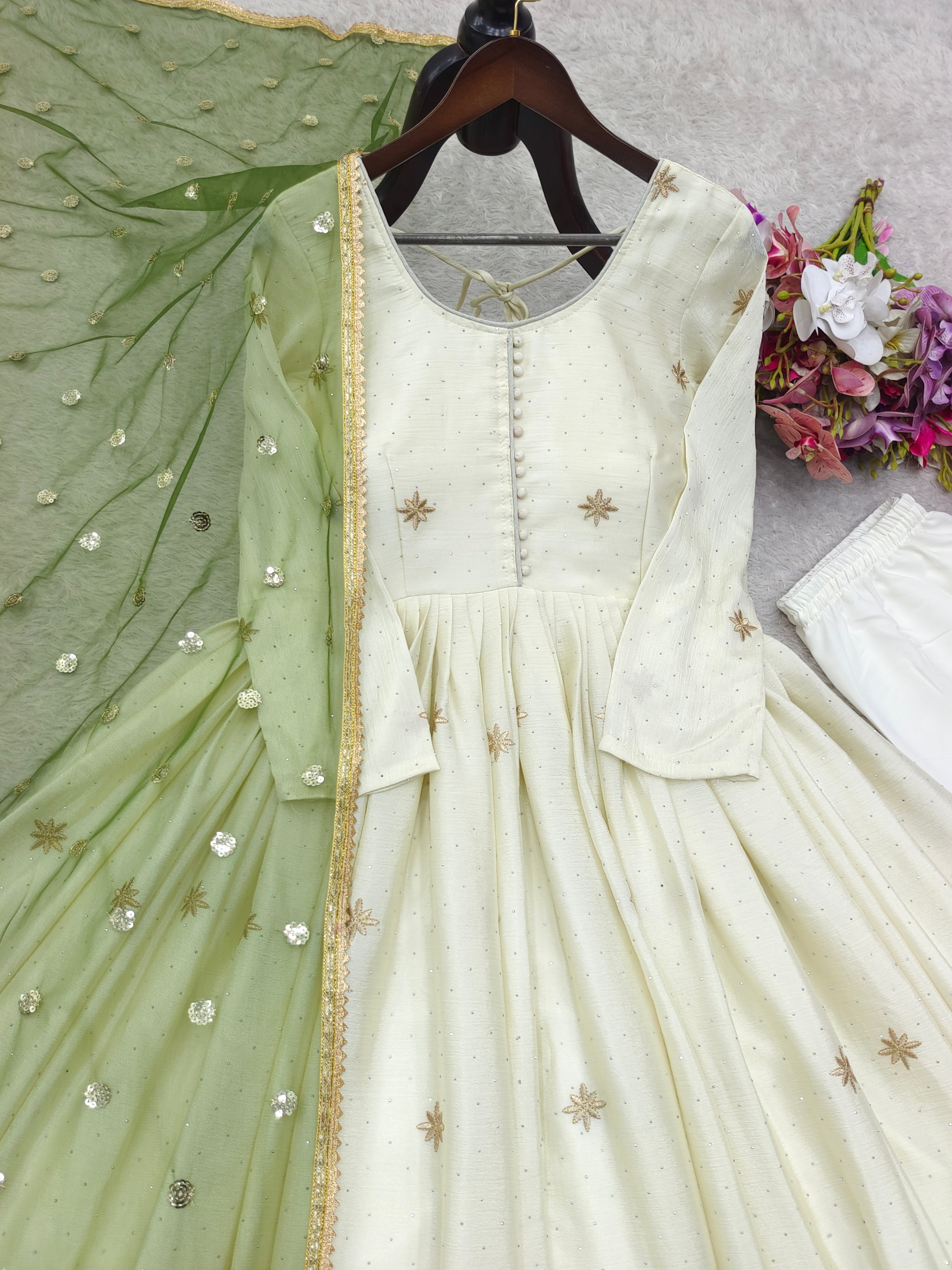 Designer Dola Silk Anarkali Suit with Swarovski Diamond Work, Pant & Net Dupatta
