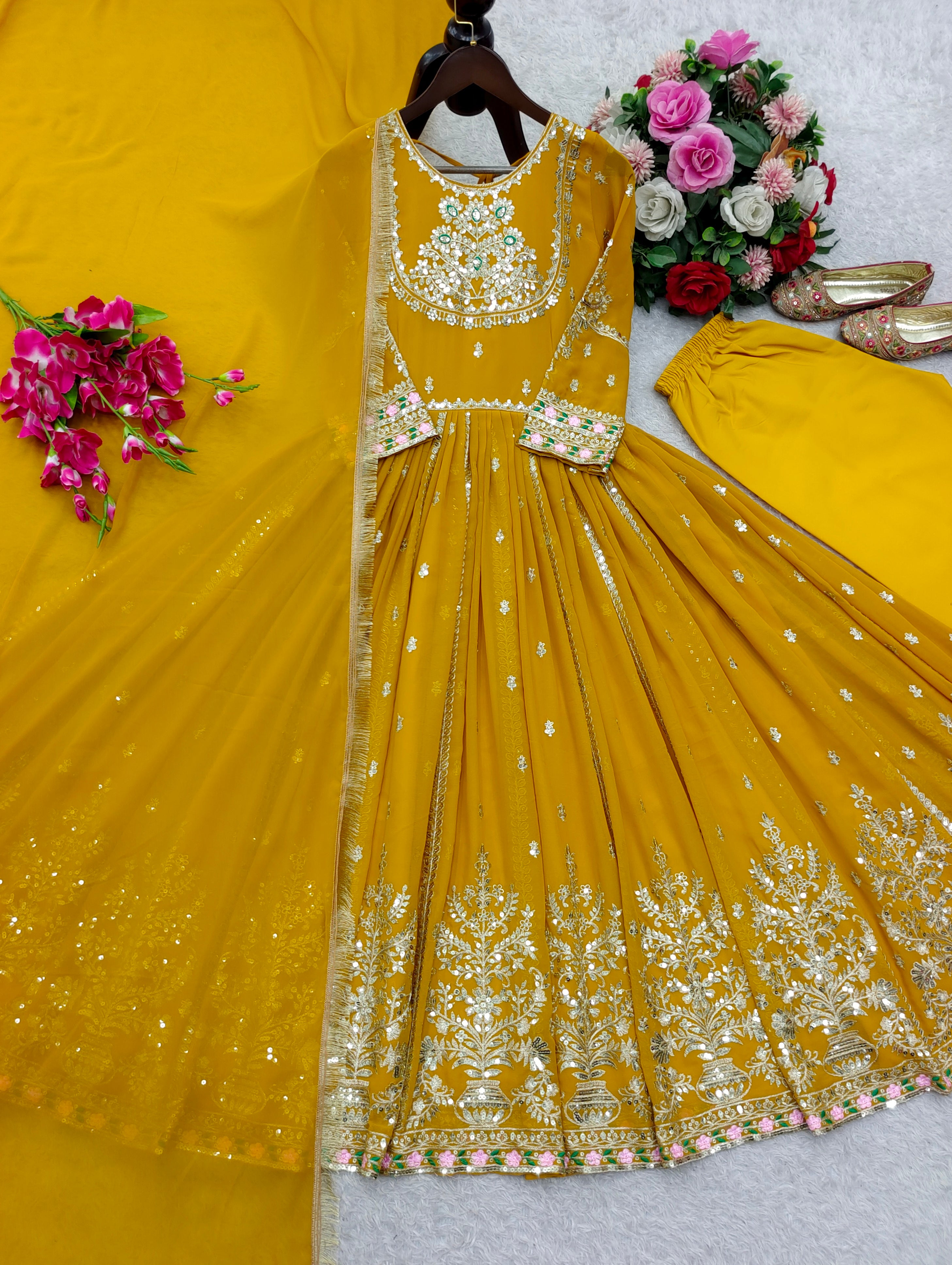Blooming Georgette Embroidered Gown Set with Pant & Dupatta
