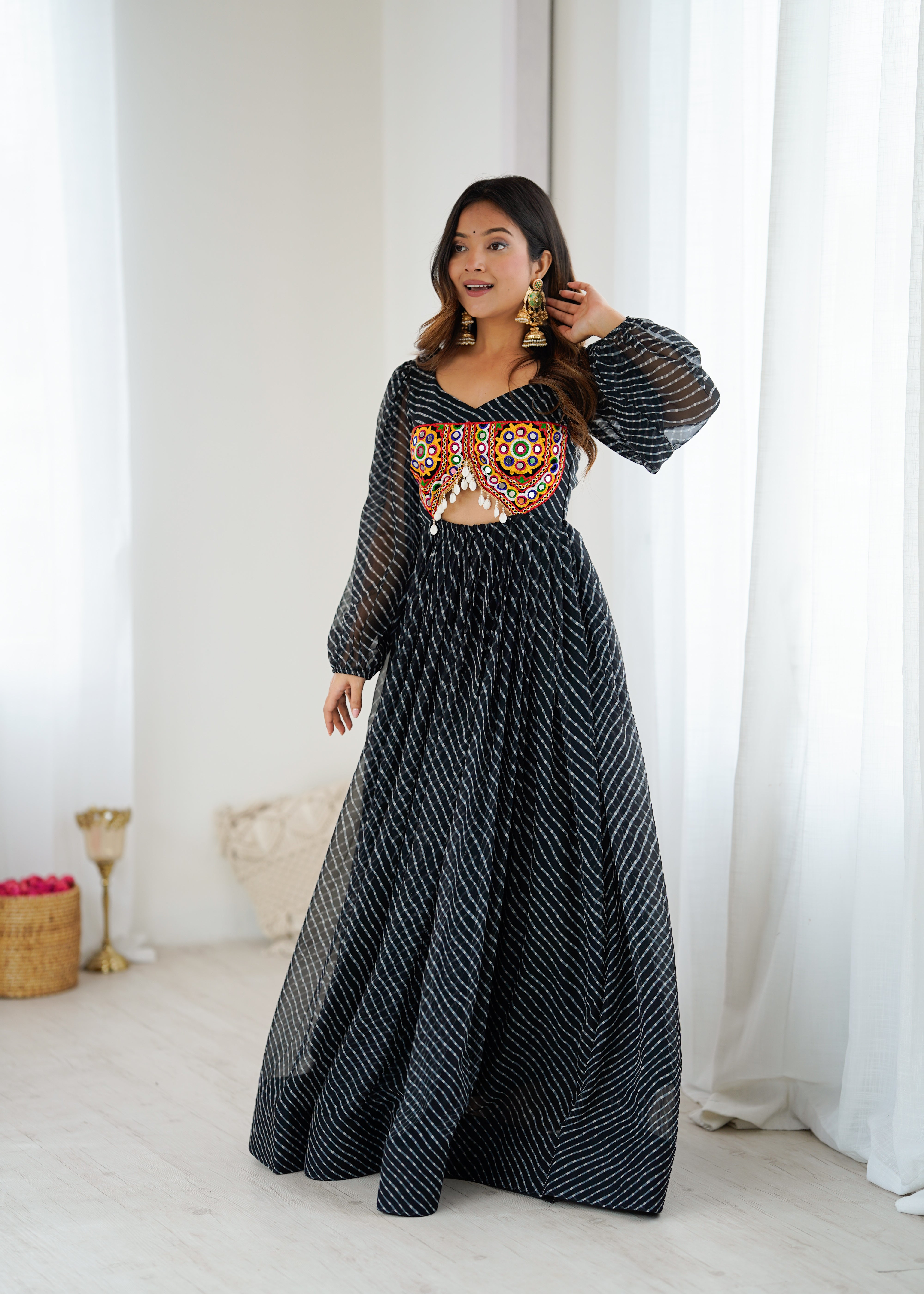 Black Georgette Maxi Dress with Gamthi Embroidered Bustier | 4-Meter Flair | Ready-to-Wear