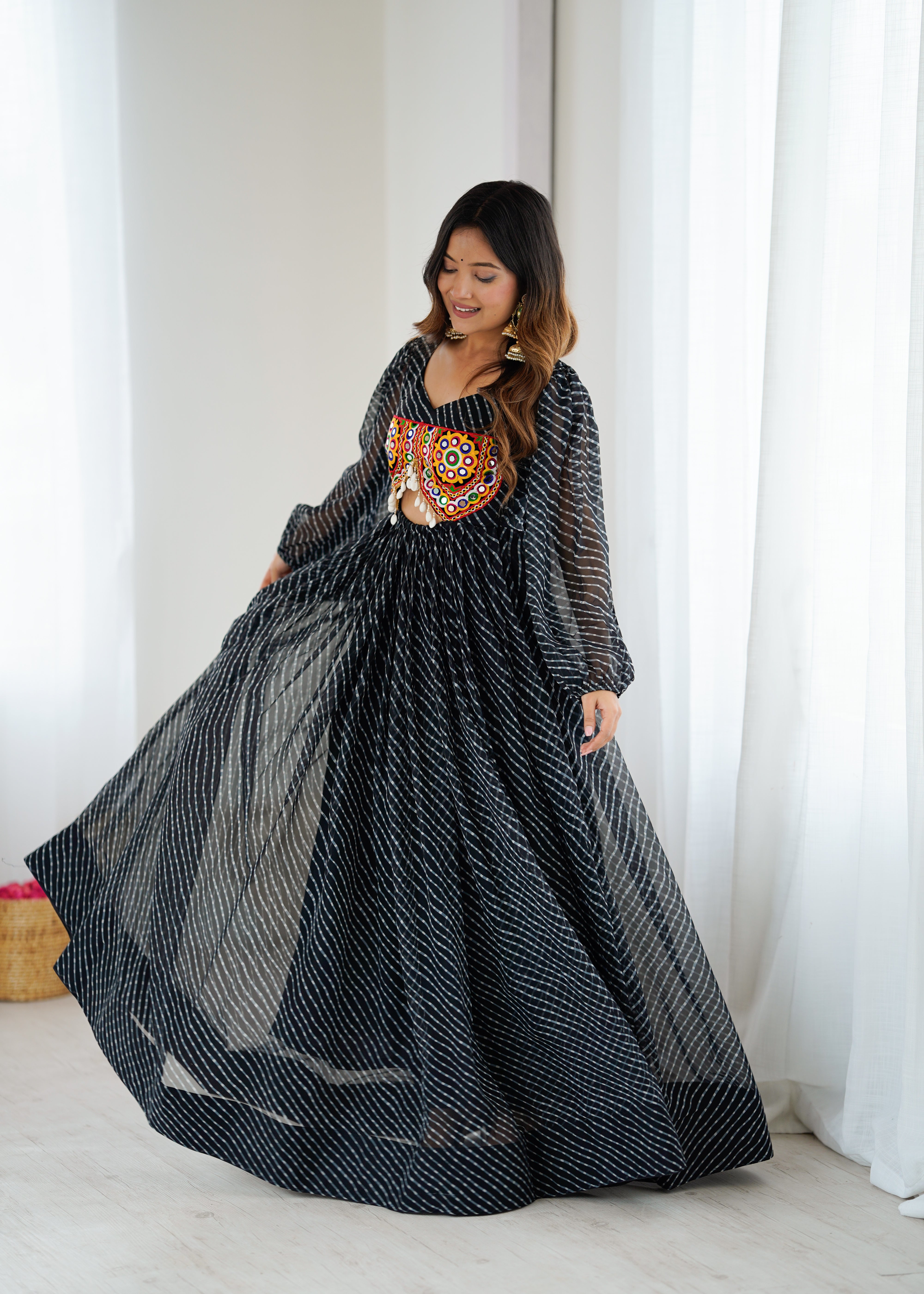Black Georgette Maxi Dress with Gamthi Embroidered Bustier | 4-Meter Flair | Ready-to-Wear