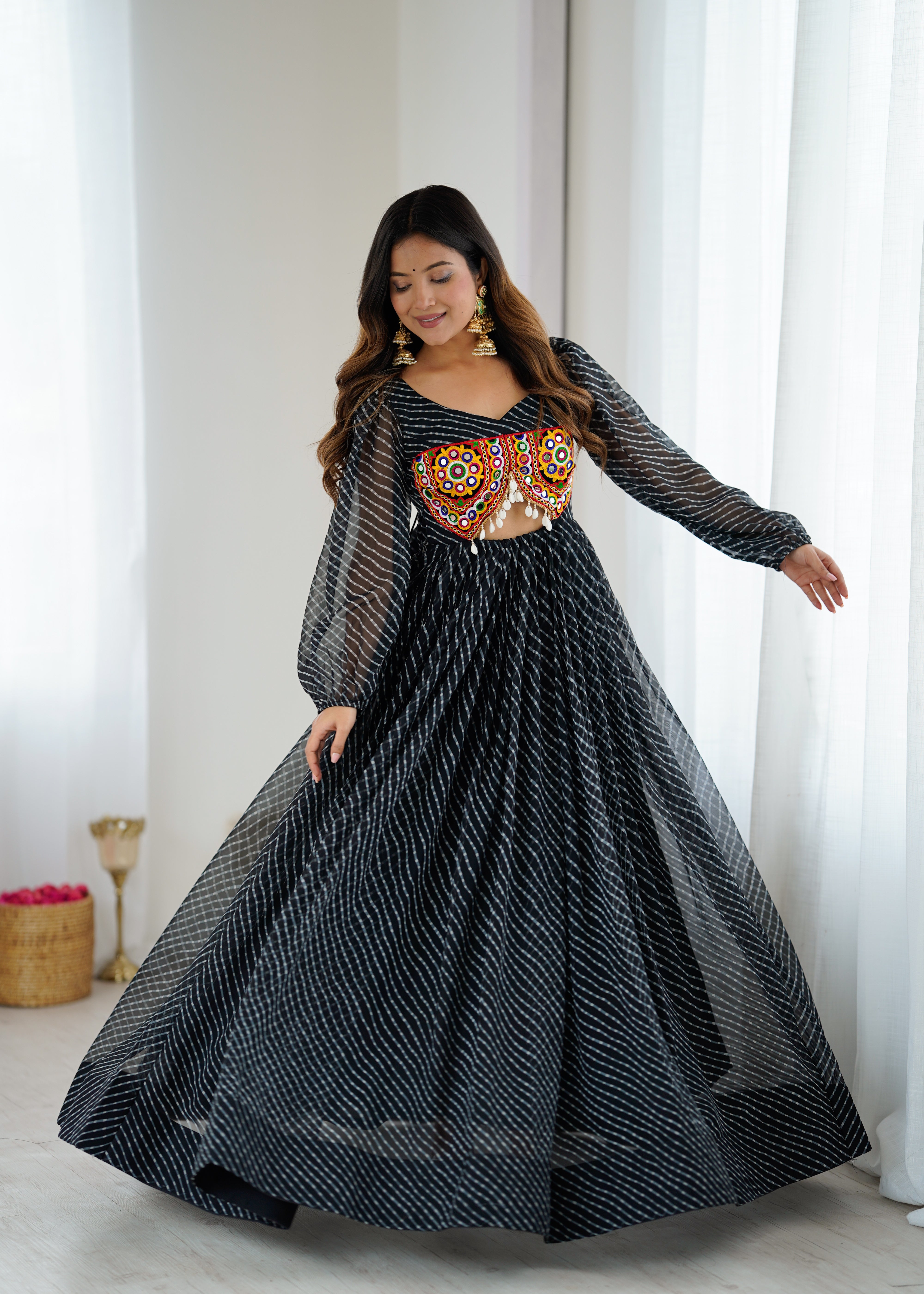 Black Georgette Maxi Dress with Gamthi Embroidered Bustier | 4-Meter Flair | Ready-to-Wear