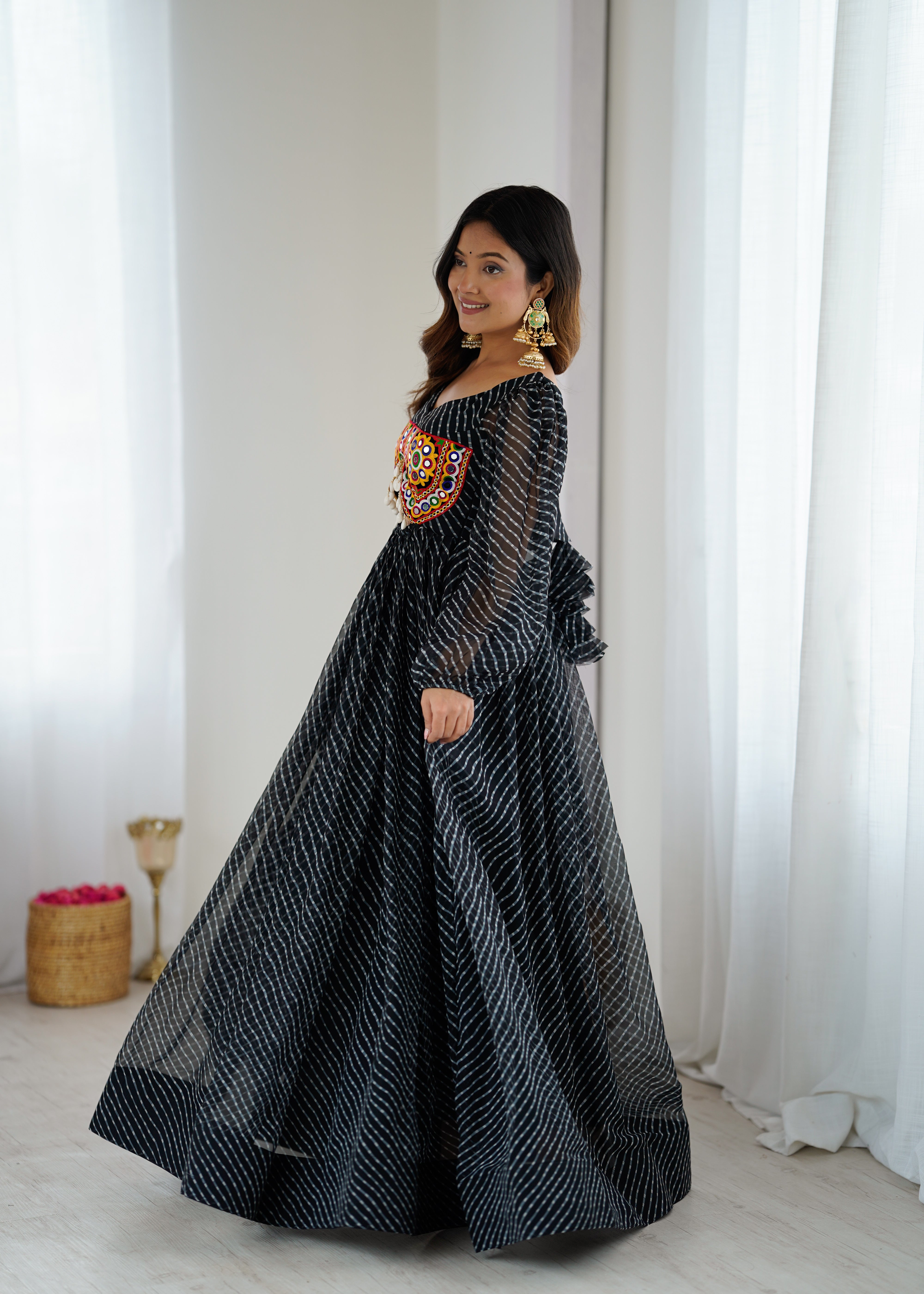 Black Georgette Maxi Dress with Gamthi Embroidered Bustier | 4-Meter Flair | Ready-to-Wear