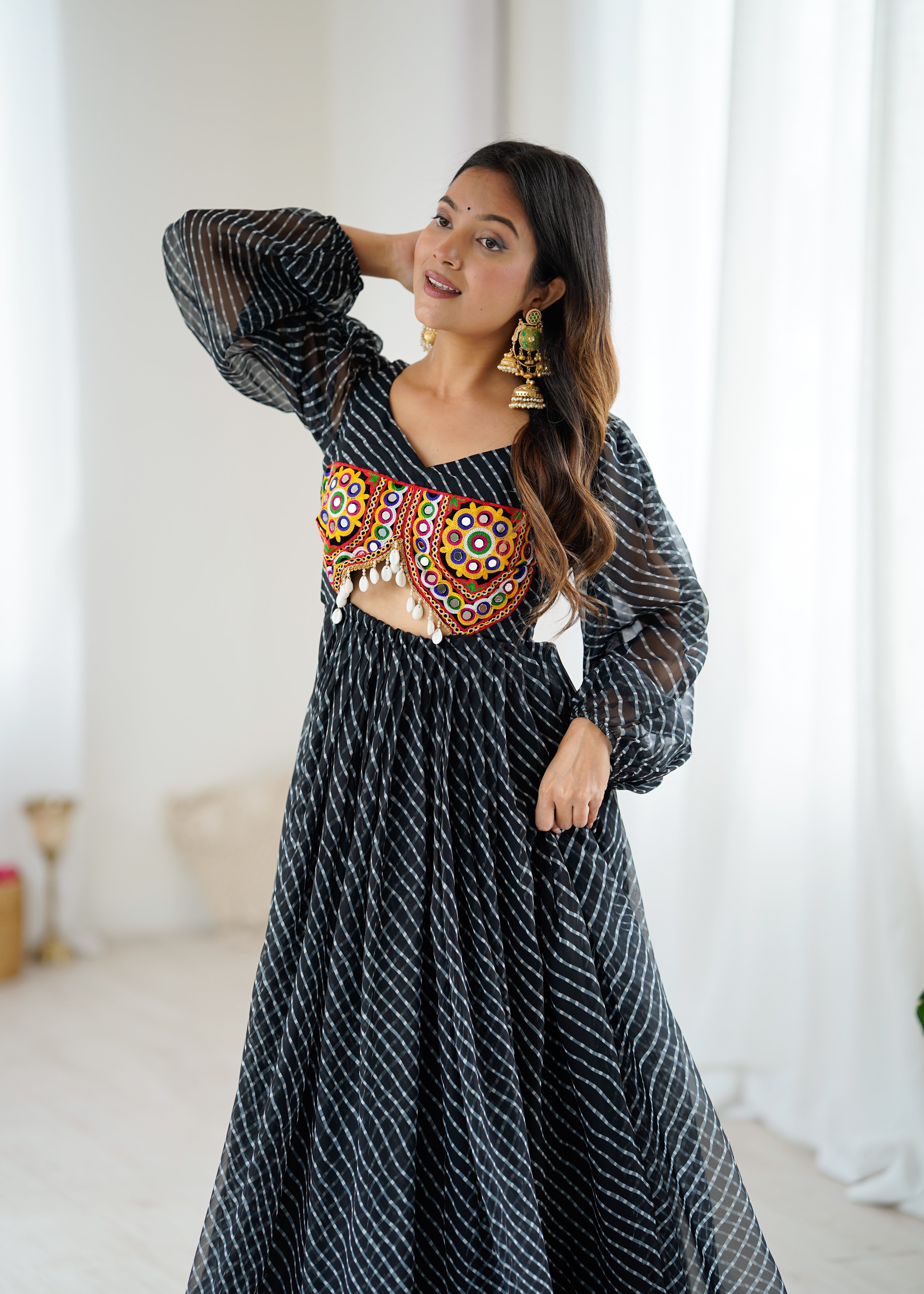Black Georgette Maxi Dress with Gamthi Embroidered Bustier | 4-Meter Flair | Ready-to-Wear