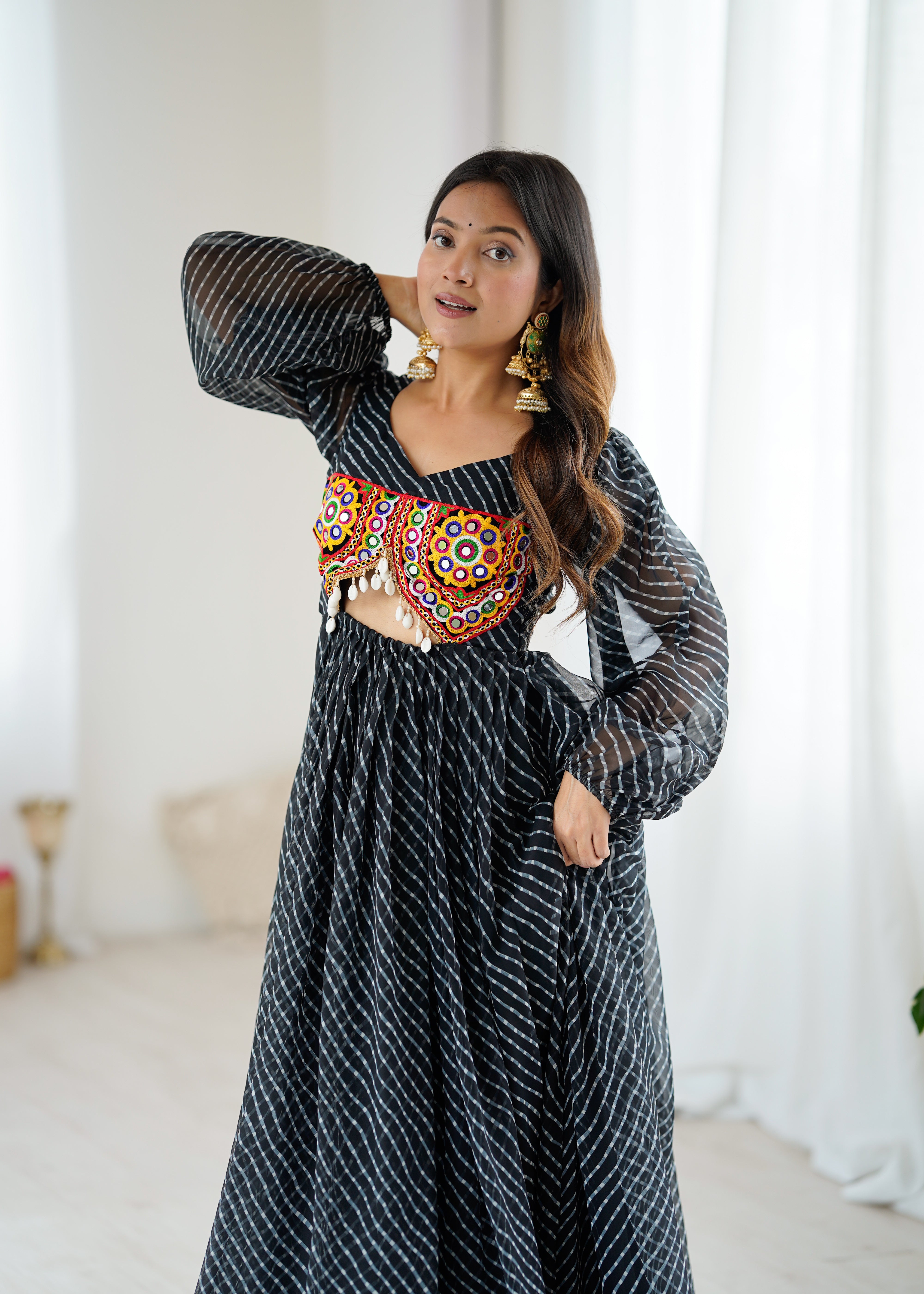 Black Georgette Maxi Dress with Gamthi Embroidered Bustier | 4-Meter Flair | Ready-to-Wear