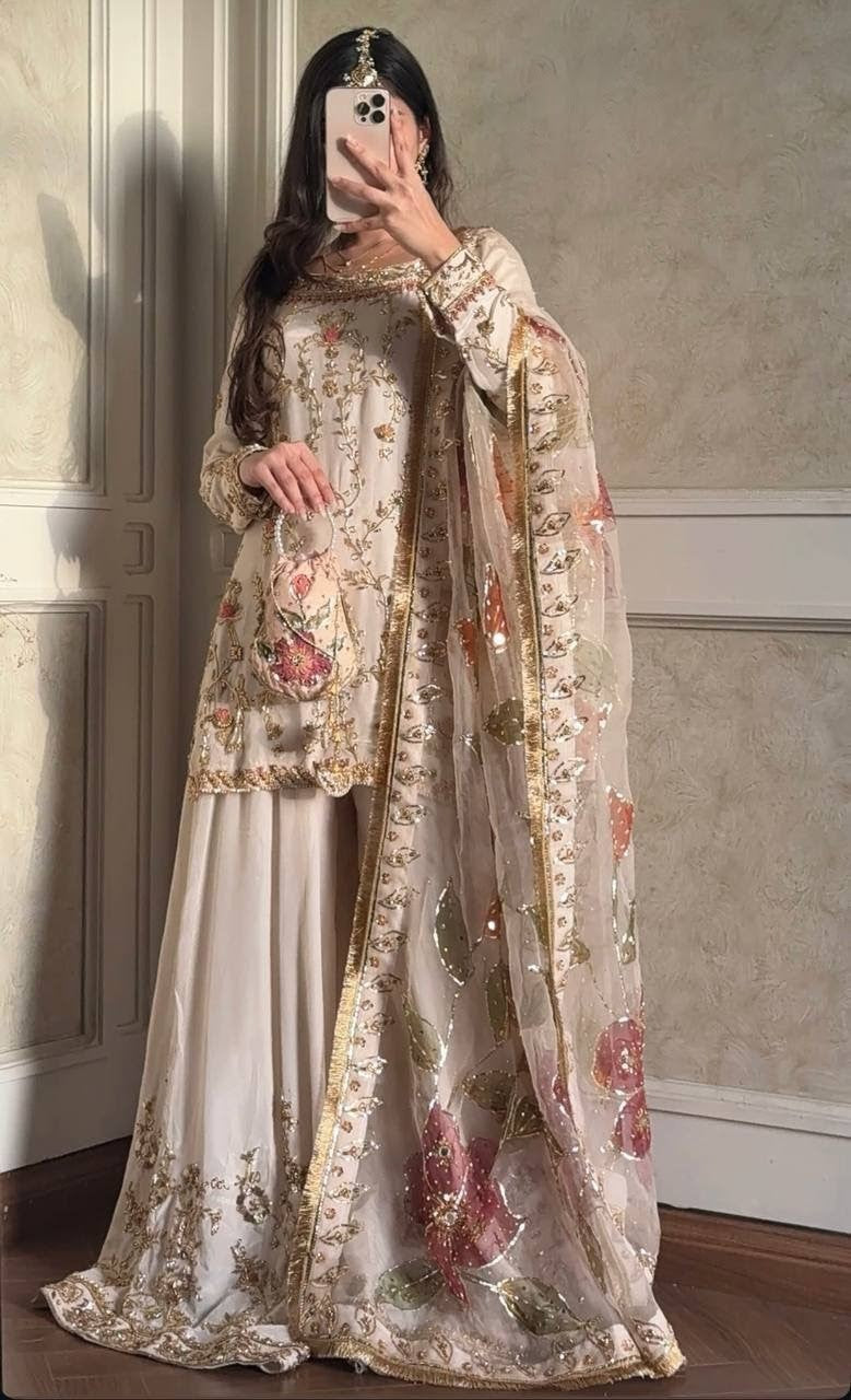 Cinon Silk Embroidered Sharara Set with Digital Print Dupatta