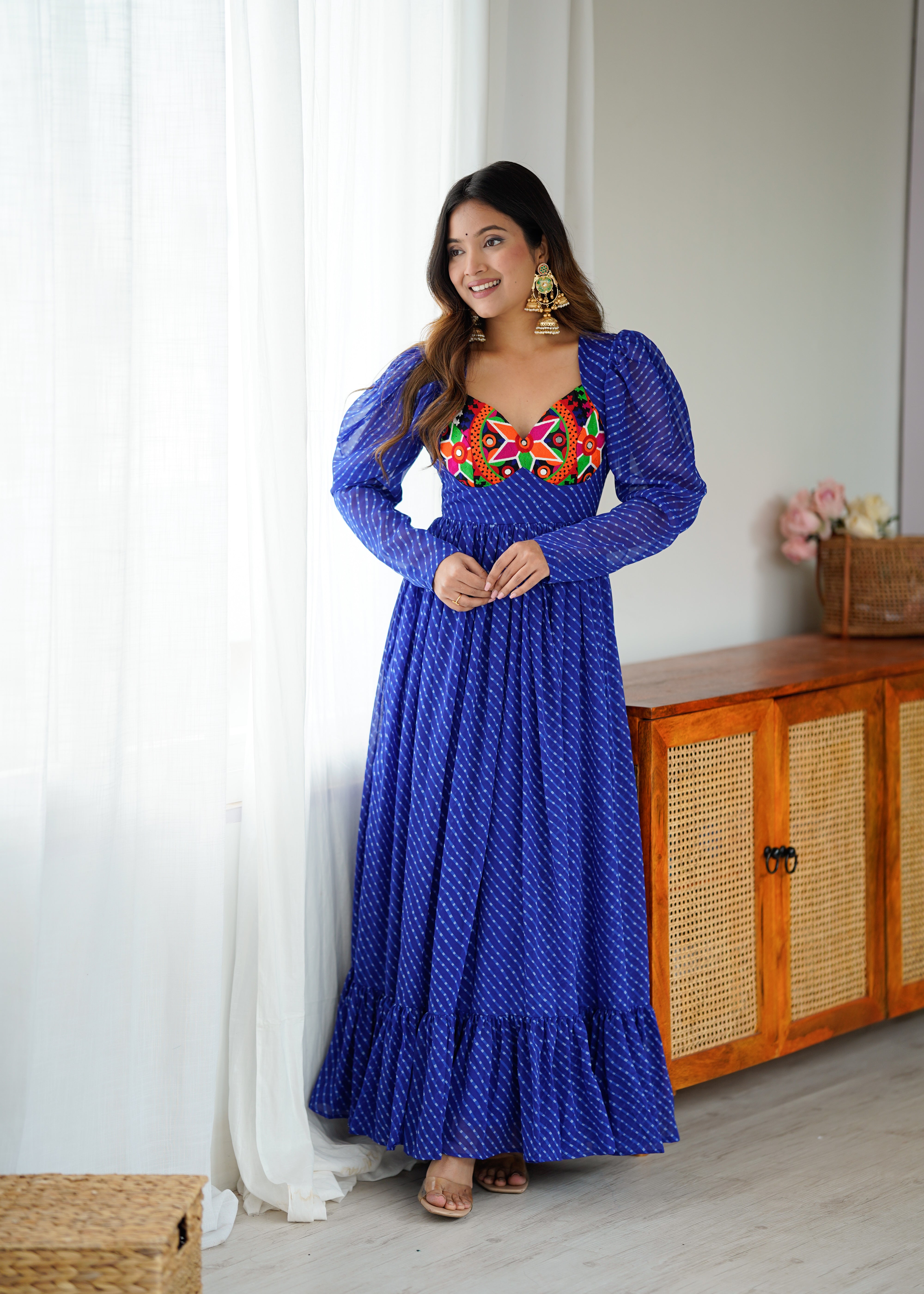 Royal Blue Georgette Gown with Digital Print & Chain-Stitch Work | Puff Sleeve Design | 4-Meter Flair (M-XXL, Ready to Wear)