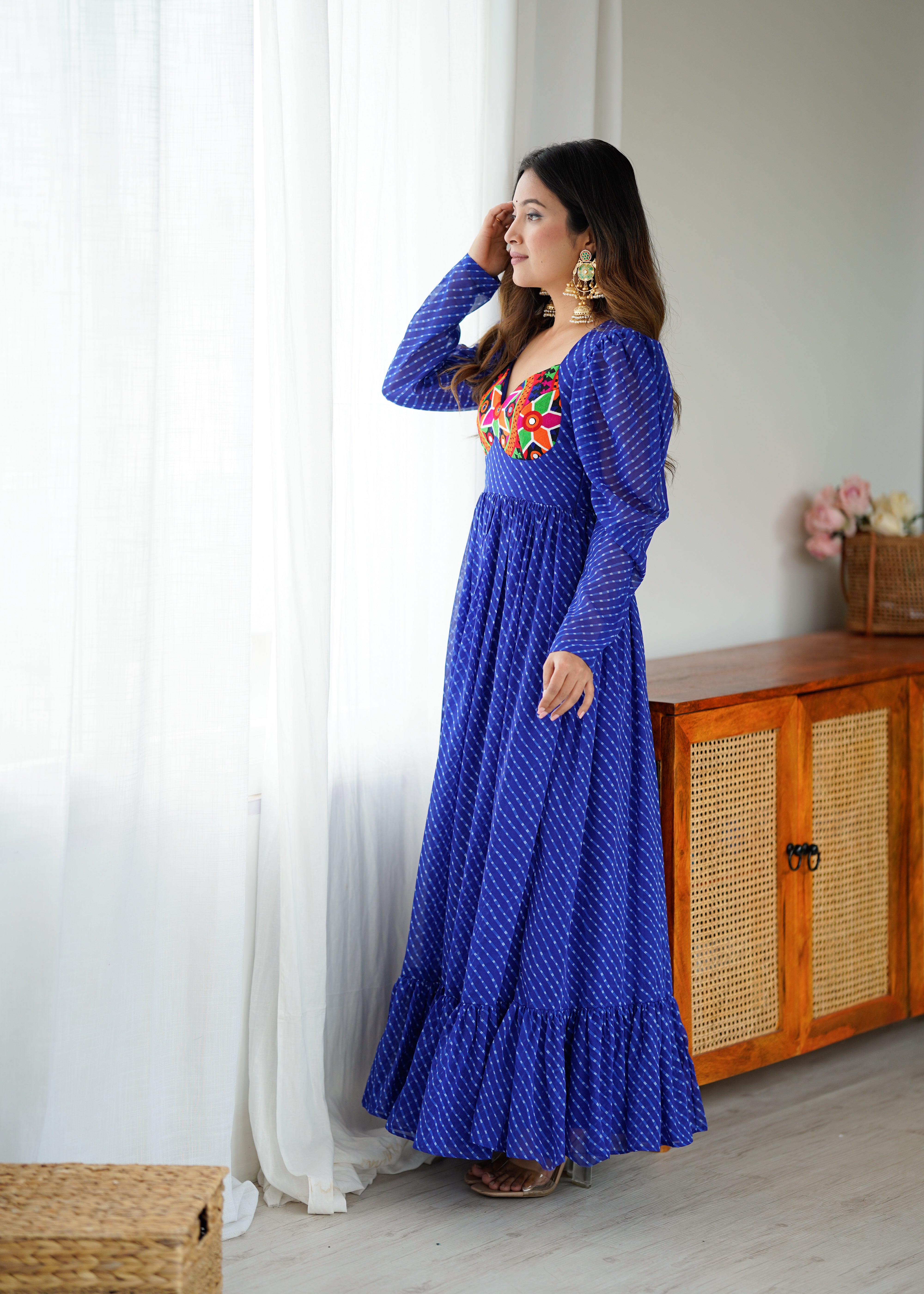 Royal Blue Georgette Gown with Digital Print & Chain-Stitch Work | Puff Sleeve Design | 4-Meter Flair (M-XXL, Ready to Wear)