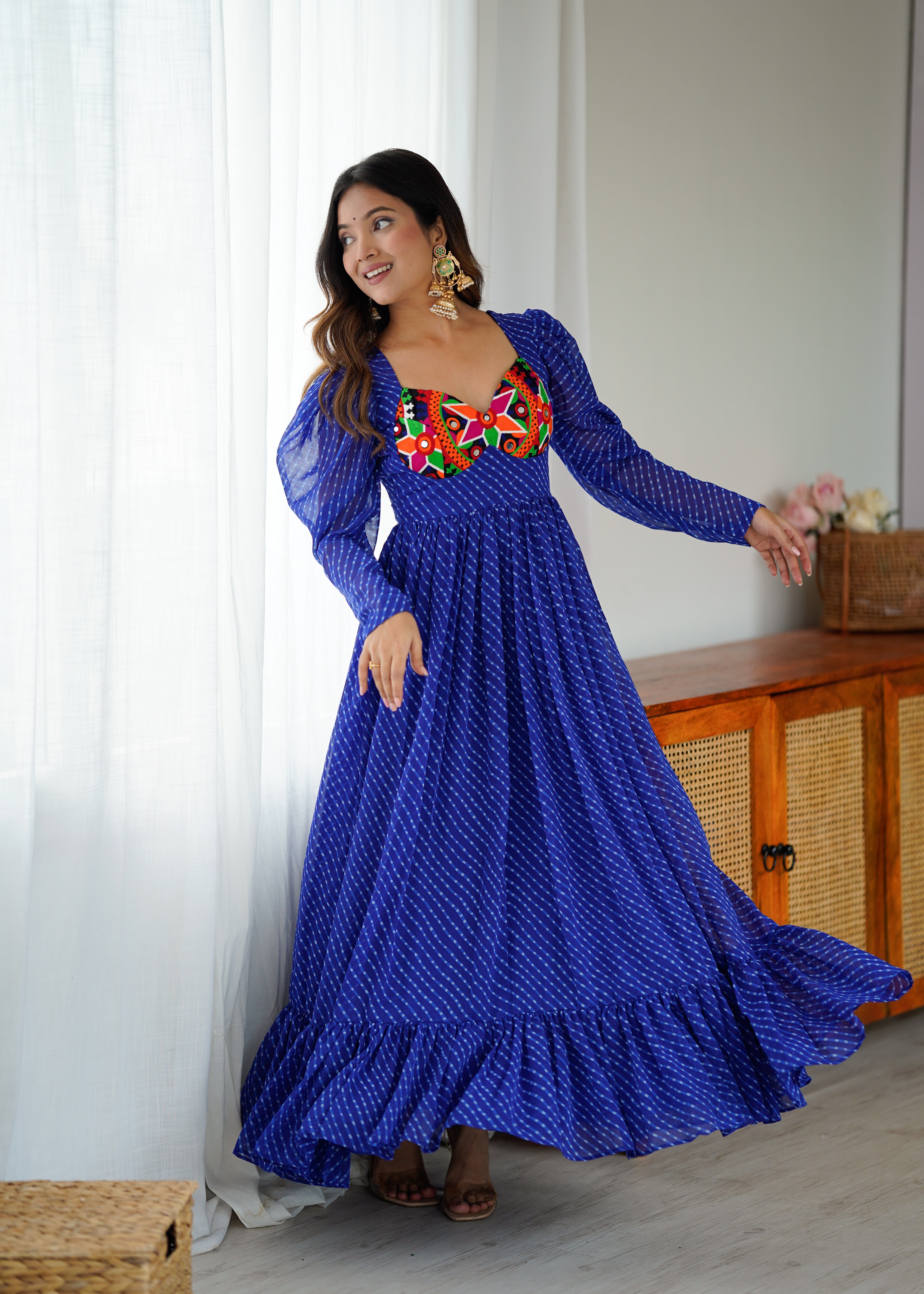 Royal Blue Georgette Gown with Digital Print & Chain-Stitch Work | Puff Sleeve Design | 4-Meter Flair (M-XXL, Ready to Wear)