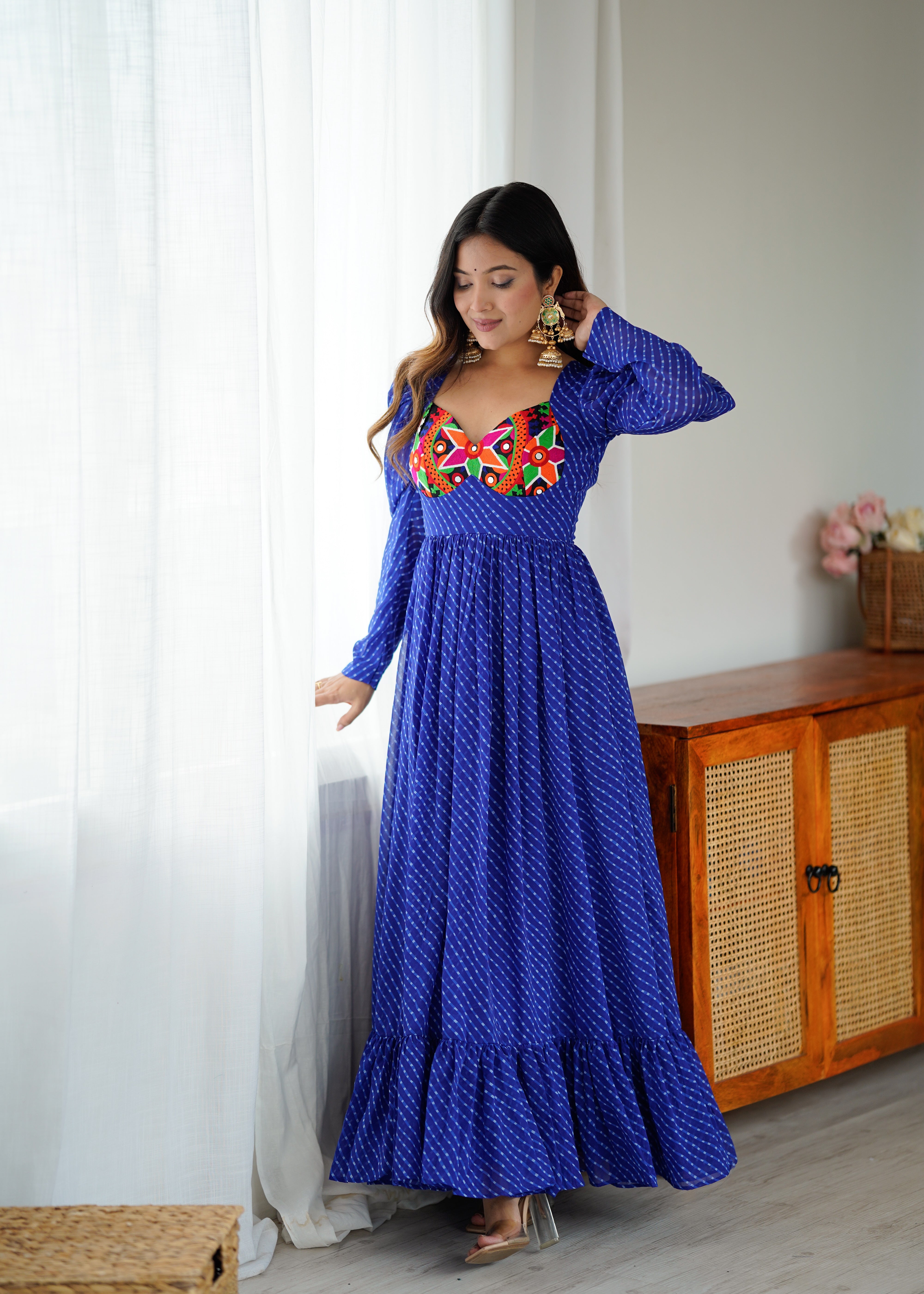 Royal Blue Georgette Gown with Digital Print & Chain-Stitch Work | Puff Sleeve Design | 4-Meter Flair (M-XXL, Ready to Wear)