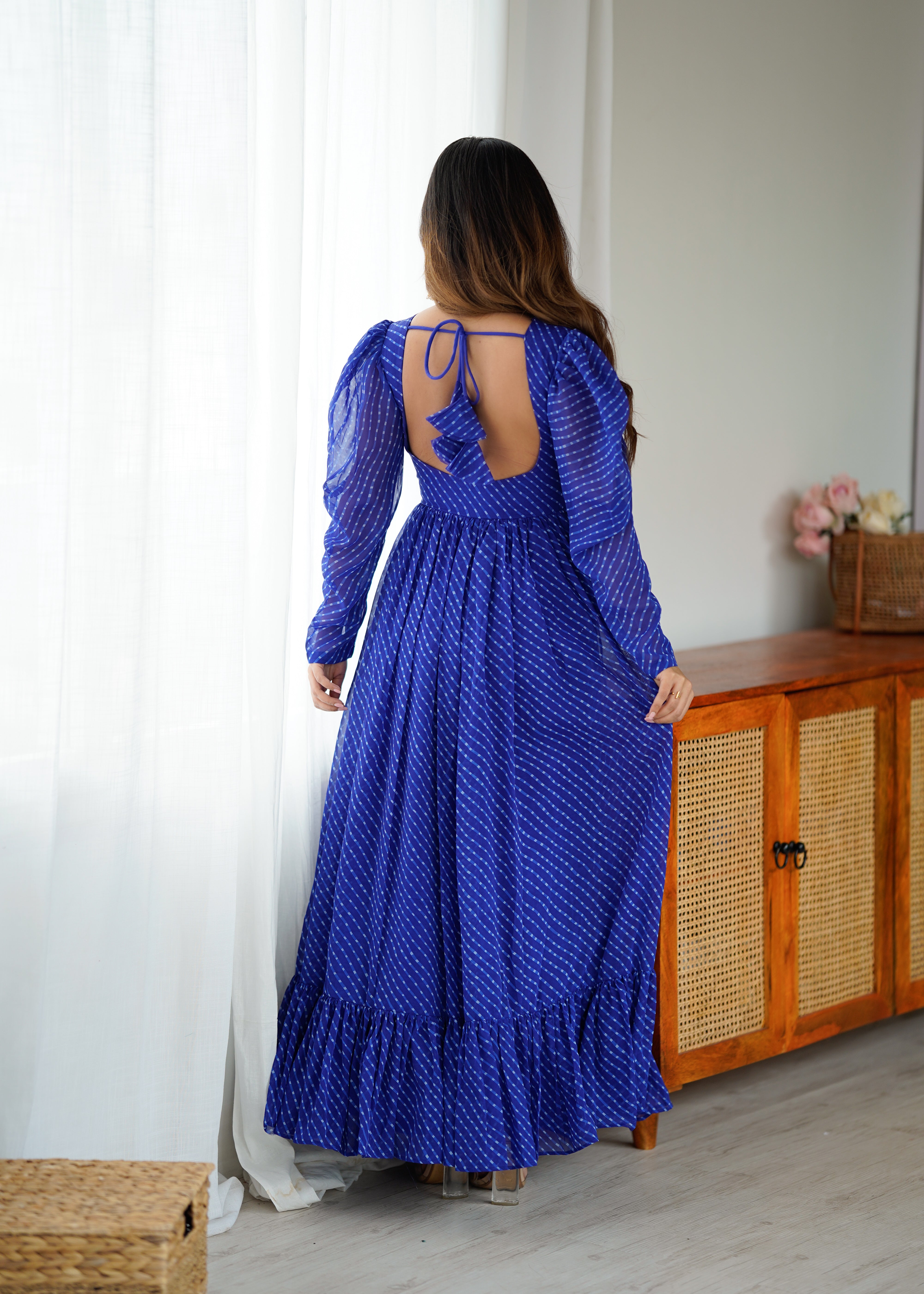 Royal Blue Georgette Gown with Digital Print & Chain-Stitch Work | Puff Sleeve Design | 4-Meter Flair (M-XXL, Ready to Wear)
