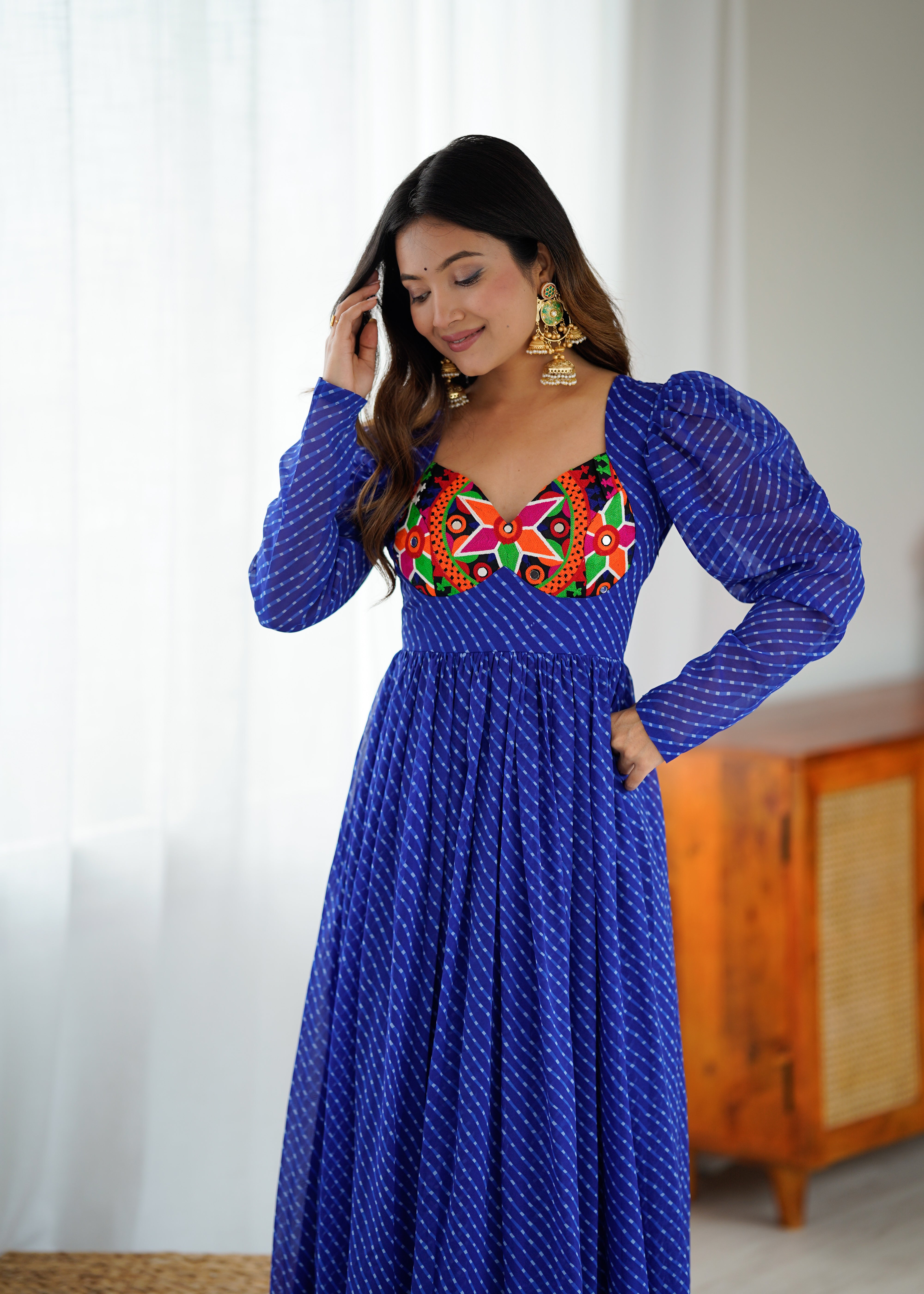 Royal Blue Georgette Gown with Digital Print & Chain-Stitch Work | Puff Sleeve Design | 4-Meter Flair (M-XXL, Ready to Wear)