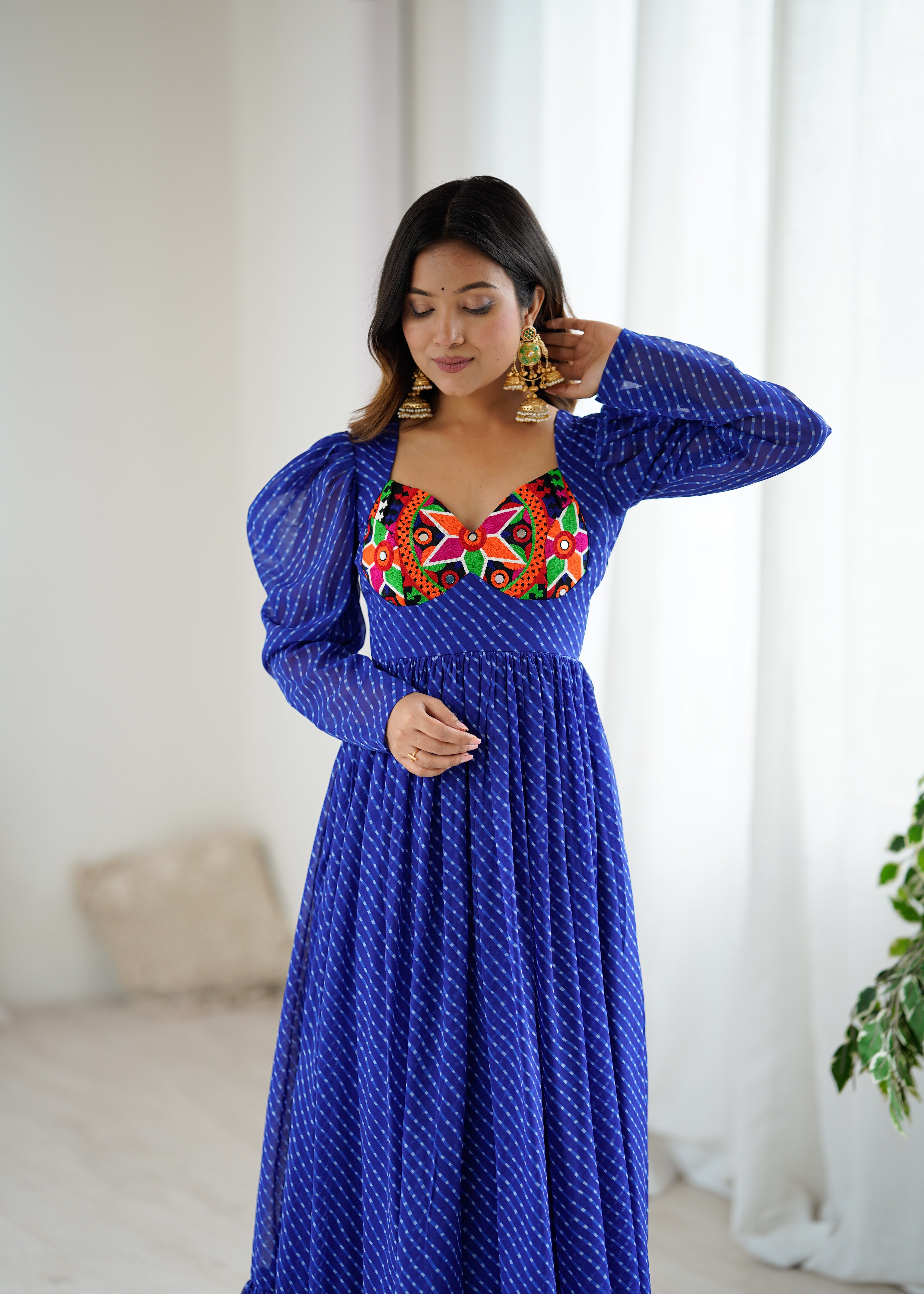 Royal Blue Georgette Gown with Digital Print & Chain-Stitch Work | Puff Sleeve Design | 4-Meter Flair (M-XXL, Ready to Wear)