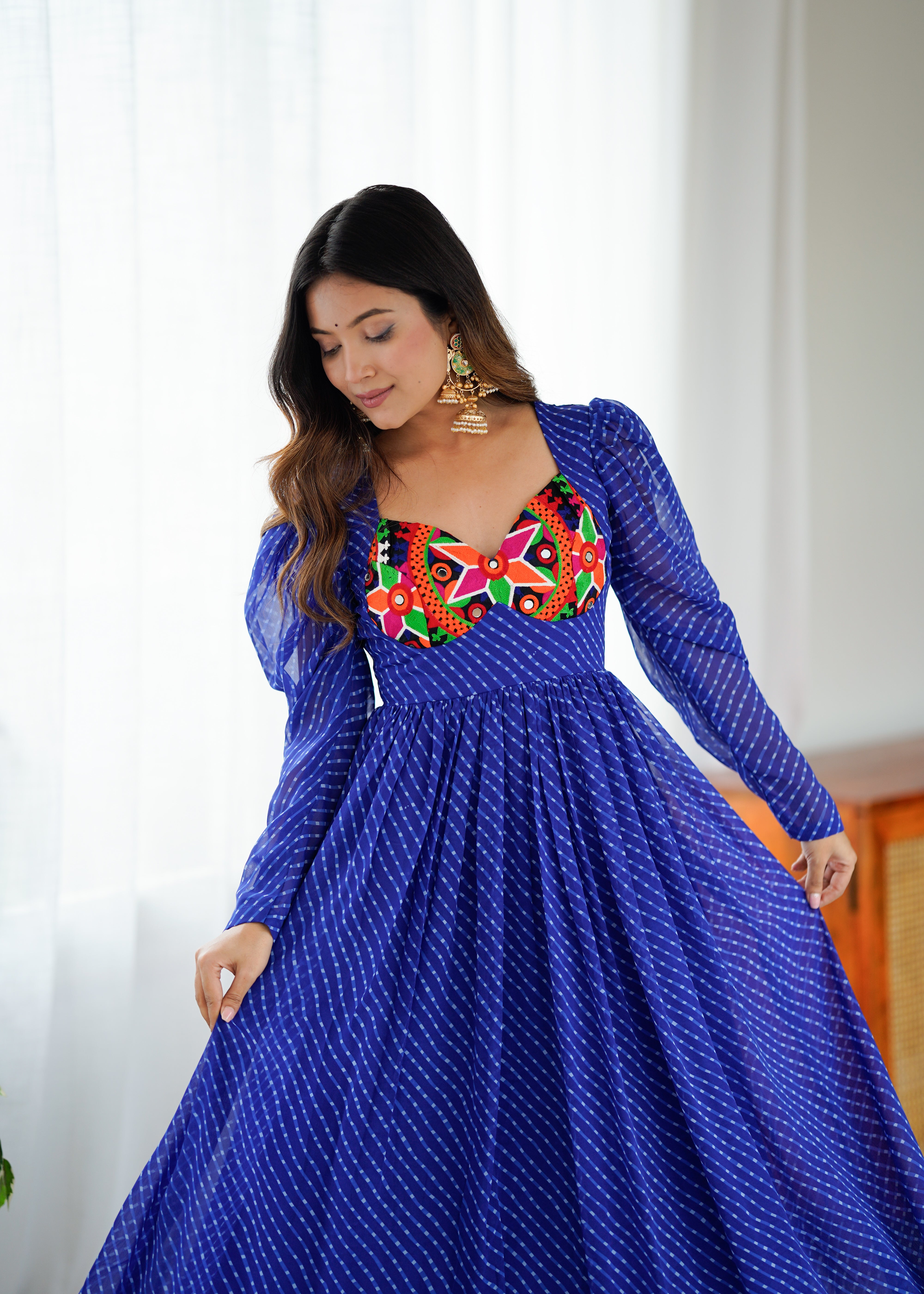 Royal Blue Georgette Gown with Digital Print & Chain-Stitch Work | Puff Sleeve Design | 4-Meter Flair (M-XXL, Ready to Wear)