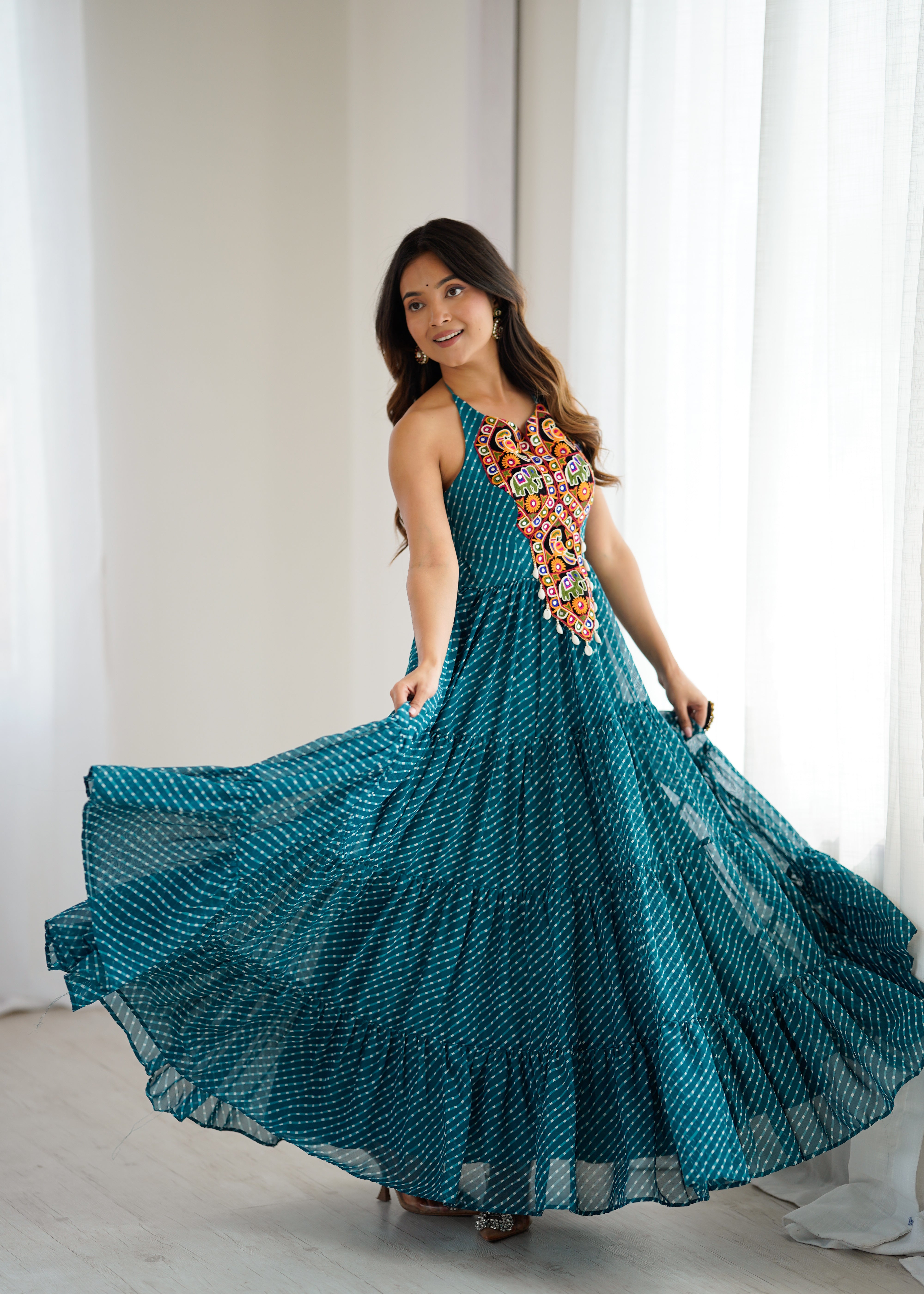 Elegant Georgette Anarkali Gown with Digital Print & Chain-Stitch Work | 8-Meter Flair | Ready-to-Wear