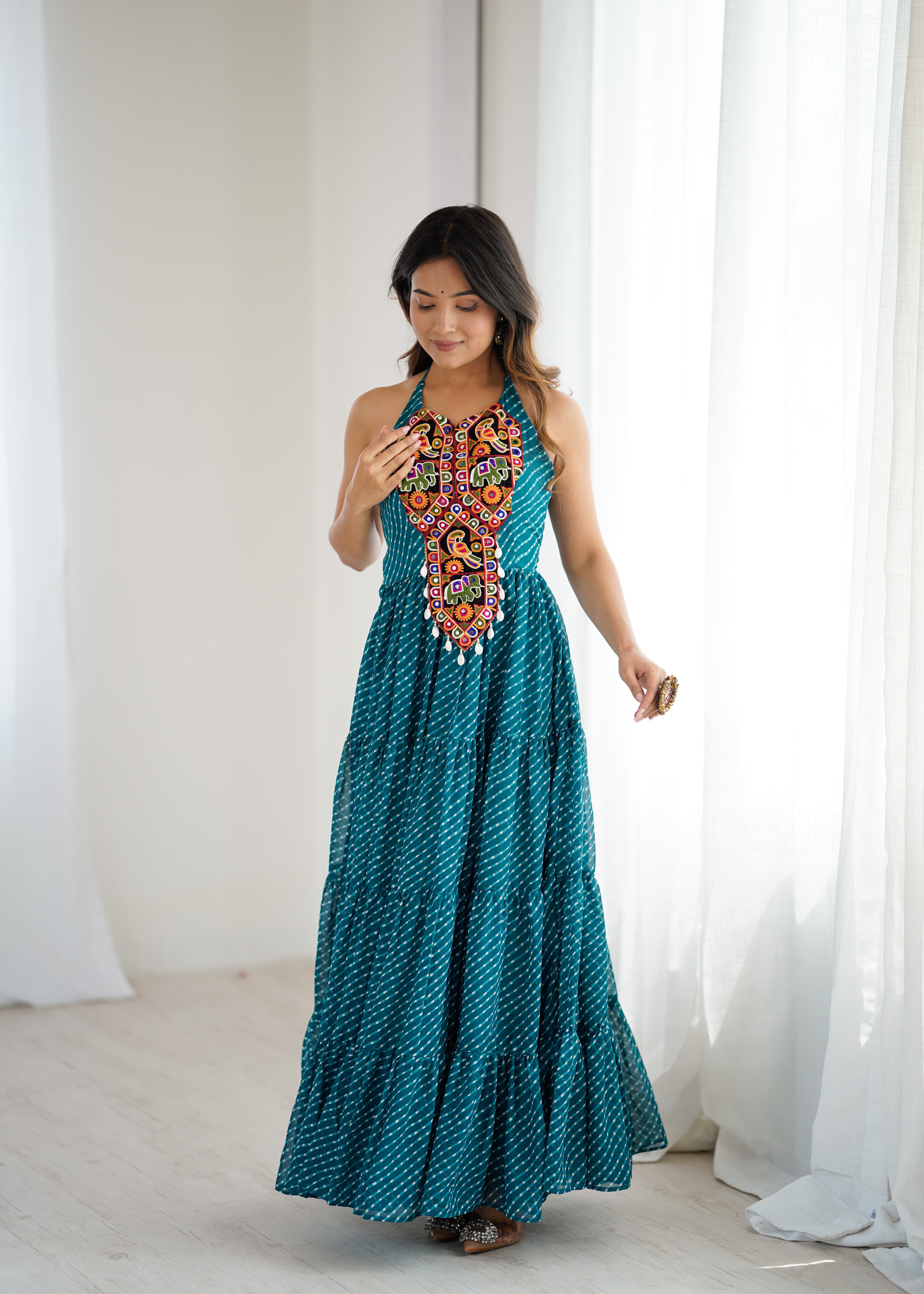 Elegant Georgette Anarkali Gown with Digital Print & Chain-Stitch Work | 8-Meter Flair | Ready-to-Wear