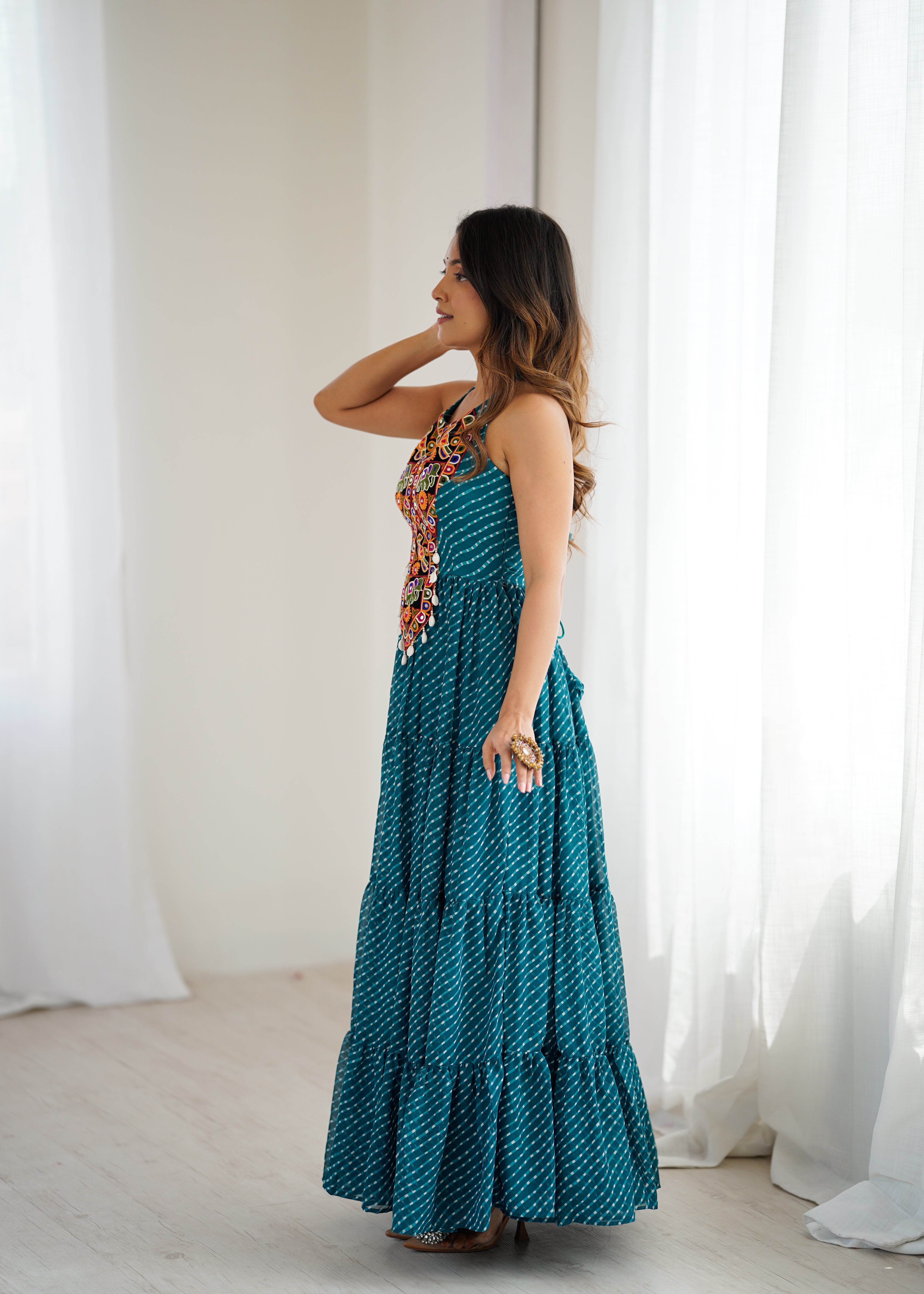 Elegant Georgette Anarkali Gown with Digital Print & Chain-Stitch Work | 8-Meter Flair | Ready-to-Wear