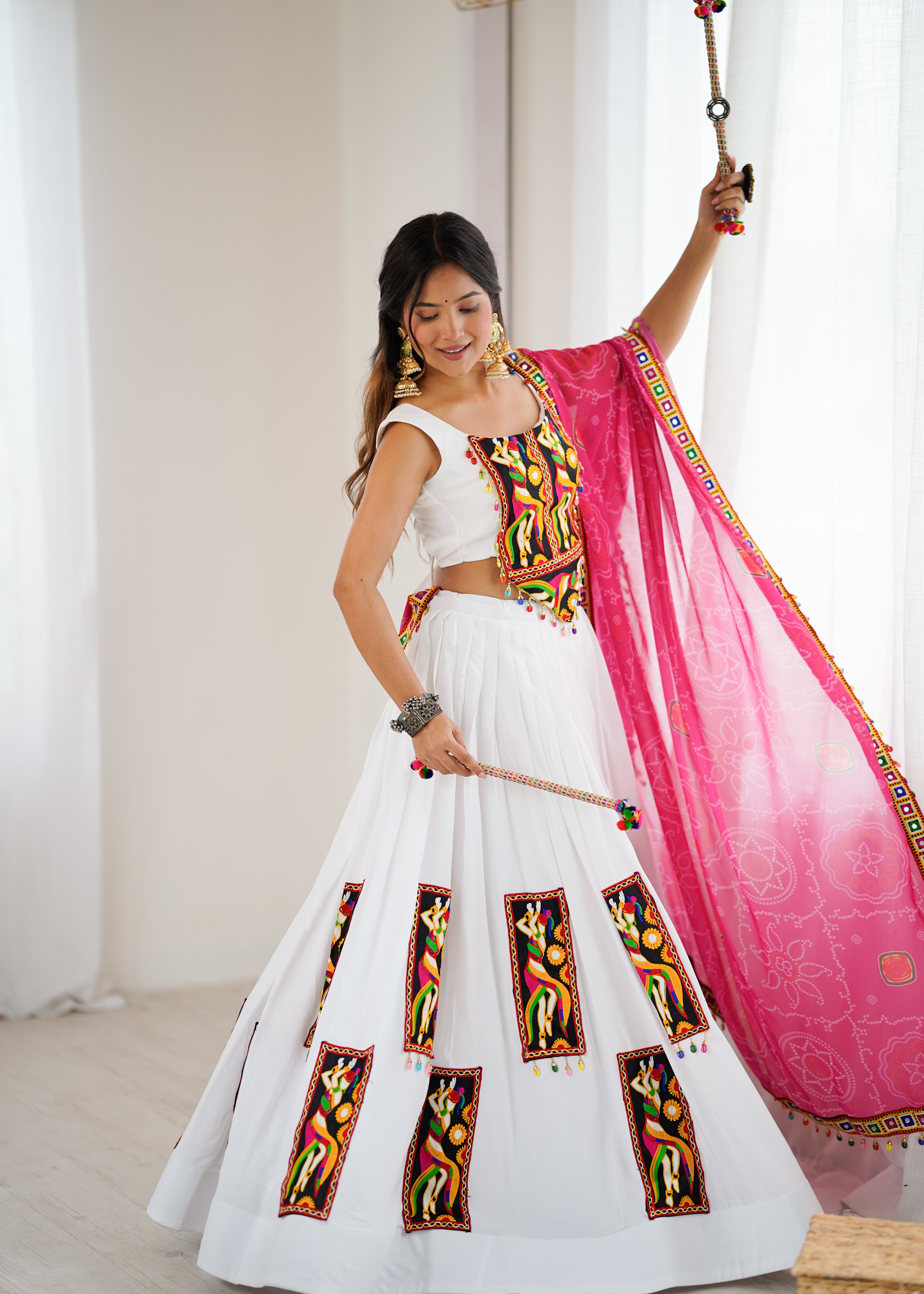 White Heavy Rayon Lehenga Choli with Gamthi Thread Work & Pink Georgette Dupatta | 4-Meter Flair | Ready to Wear (Up to Size 44)