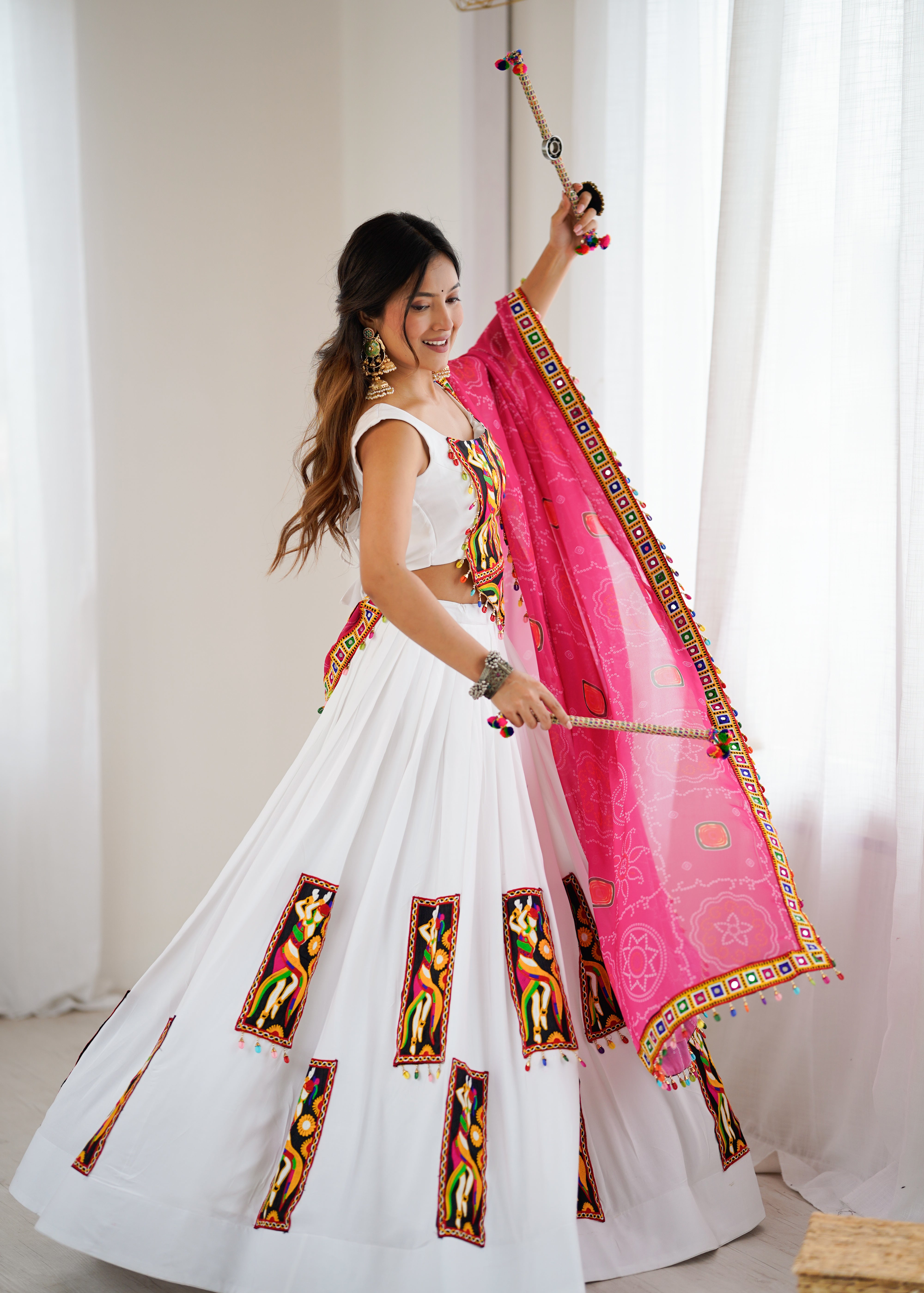 White Heavy Rayon Lehenga Choli with Gamthi Thread Work & Pink Georgette Dupatta | 4-Meter Flair | Ready to Wear (Up to Size 44)