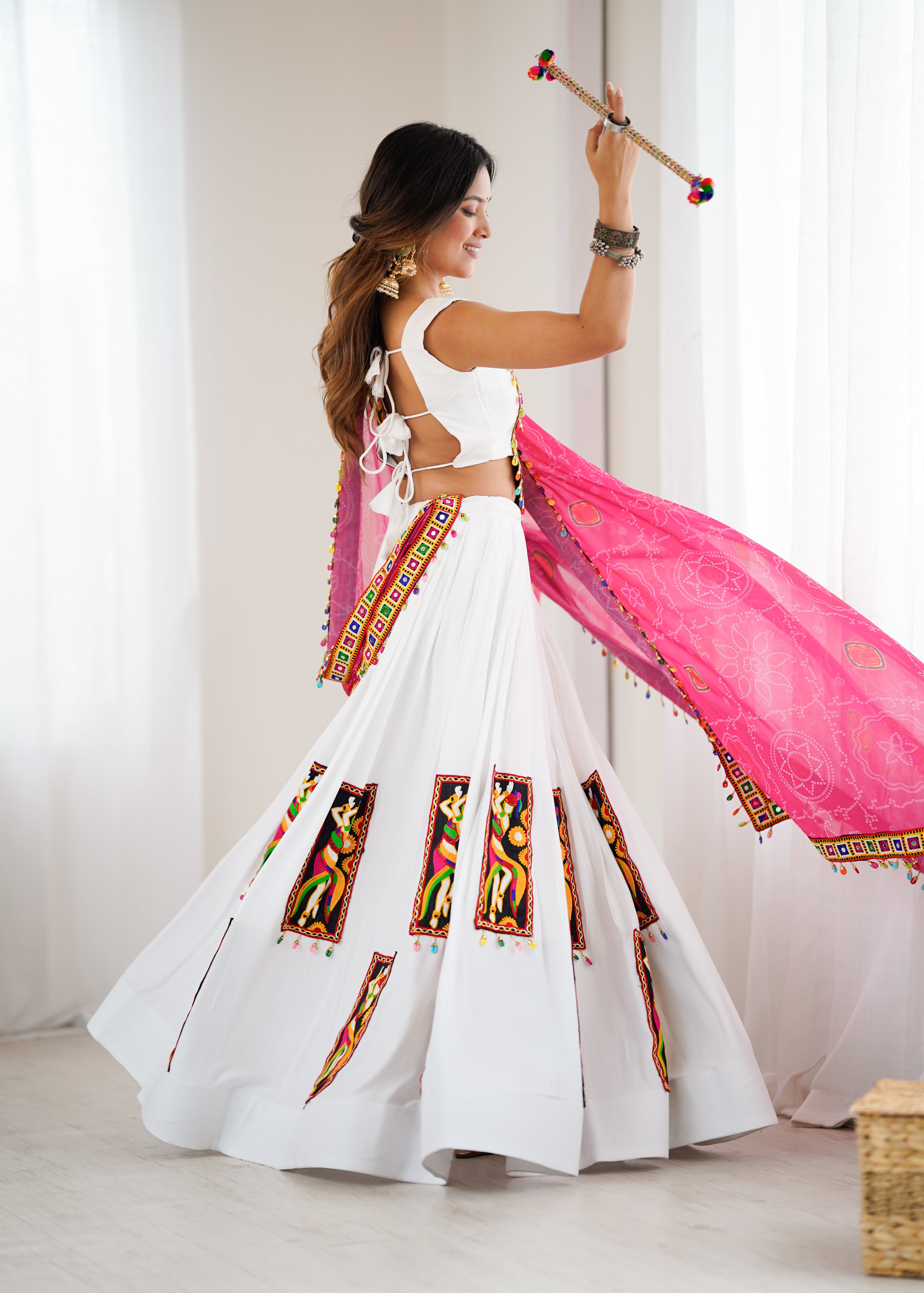 White Heavy Rayon Lehenga Choli with Gamthi Thread Work & Pink Georgette Dupatta | 4-Meter Flair | Ready to Wear (Up to Size 44)