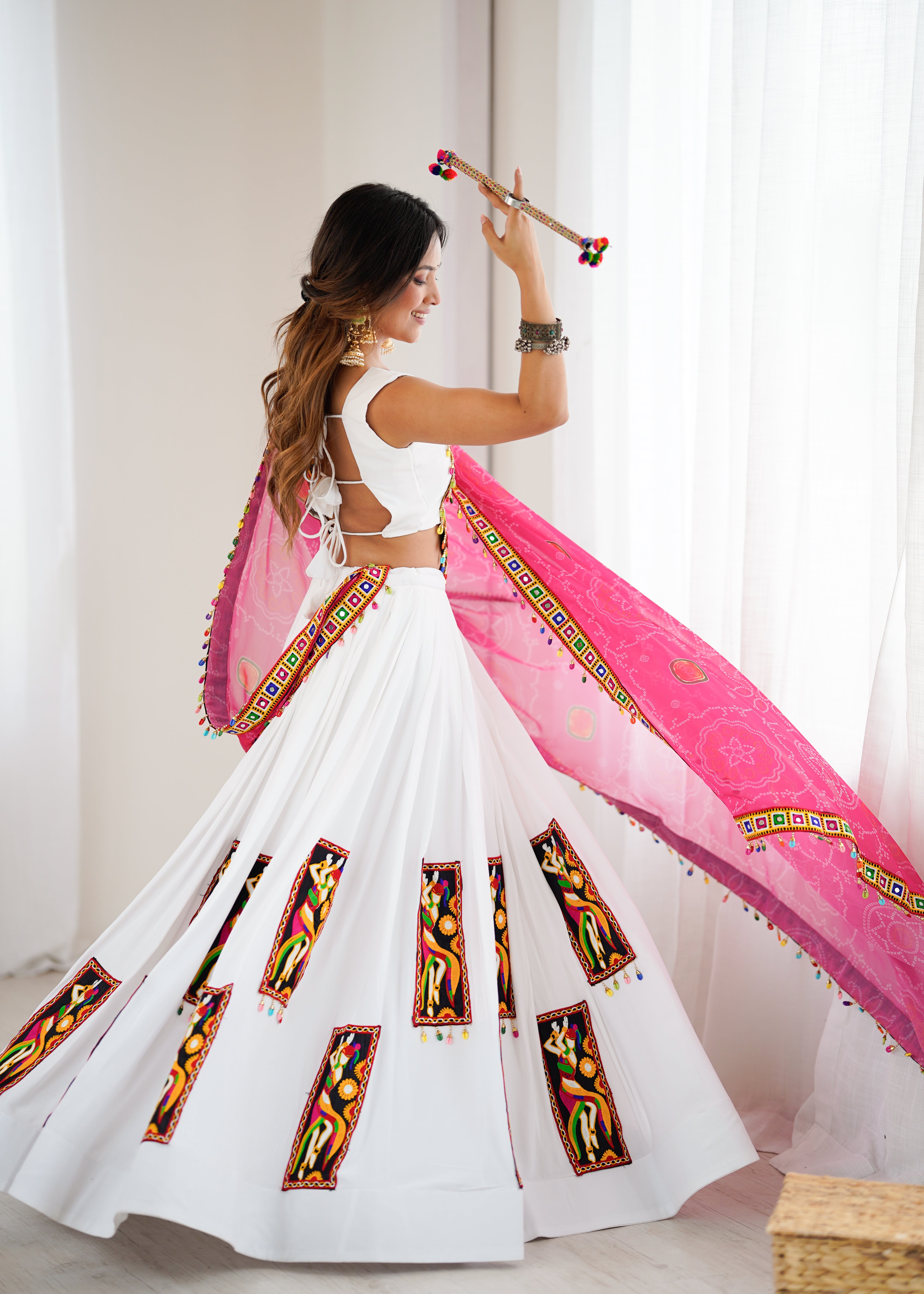 White Heavy Rayon Lehenga Choli with Gamthi Thread Work & Pink Georgette Dupatta | 4-Meter Flair | Ready to Wear (Up to Size 44)