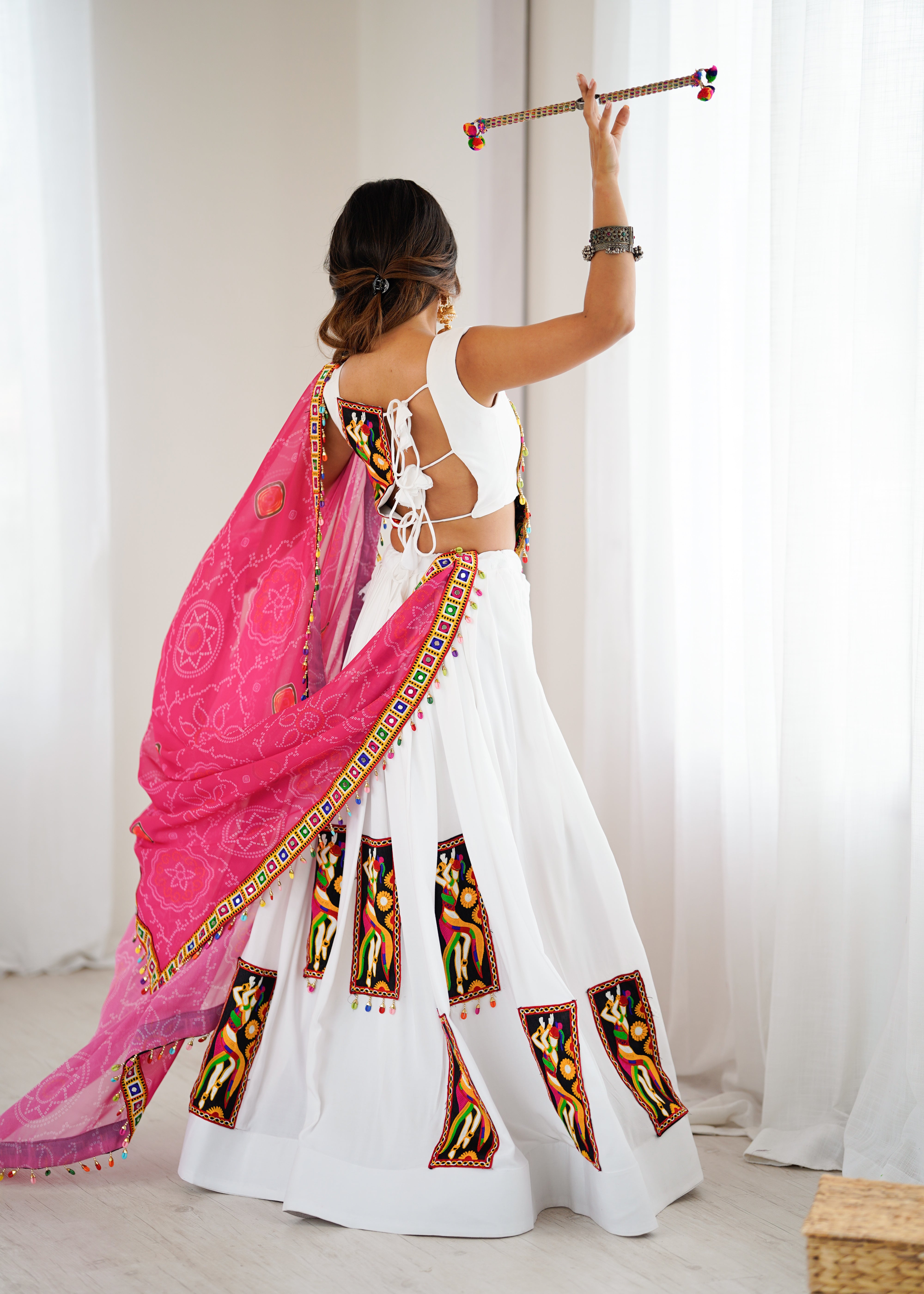 White Heavy Rayon Lehenga Choli with Gamthi Thread Work & Pink Georgette Dupatta | 4-Meter Flair | Ready to Wear (Up to Size 44)