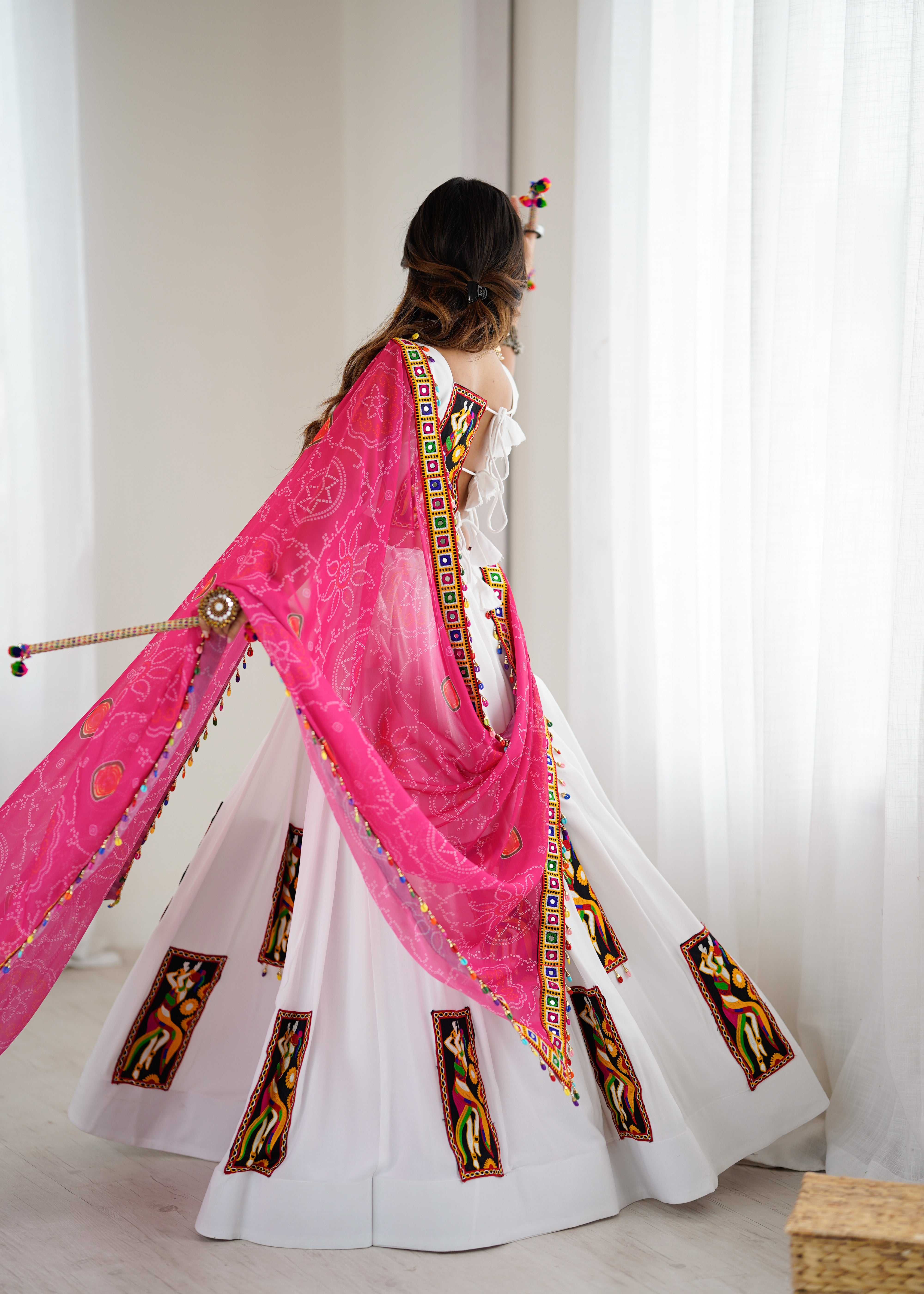 White Heavy Rayon Lehenga Choli with Gamthi Thread Work & Pink Georgette Dupatta | 4-Meter Flair | Ready to Wear (Up to Size 44)