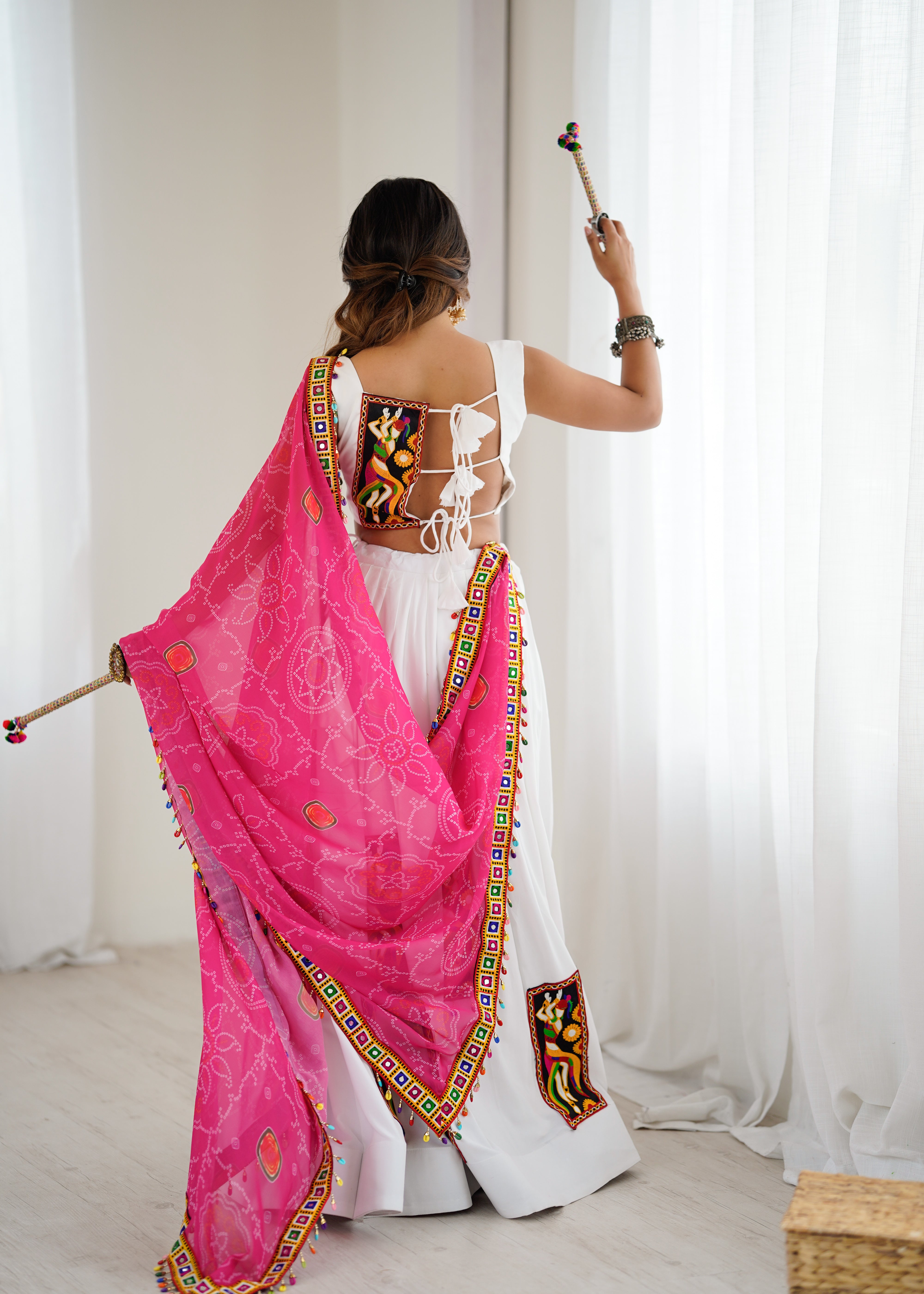 White Heavy Rayon Lehenga Choli with Gamthi Thread Work & Pink Georgette Dupatta | 4-Meter Flair | Ready to Wear (Up to Size 44)