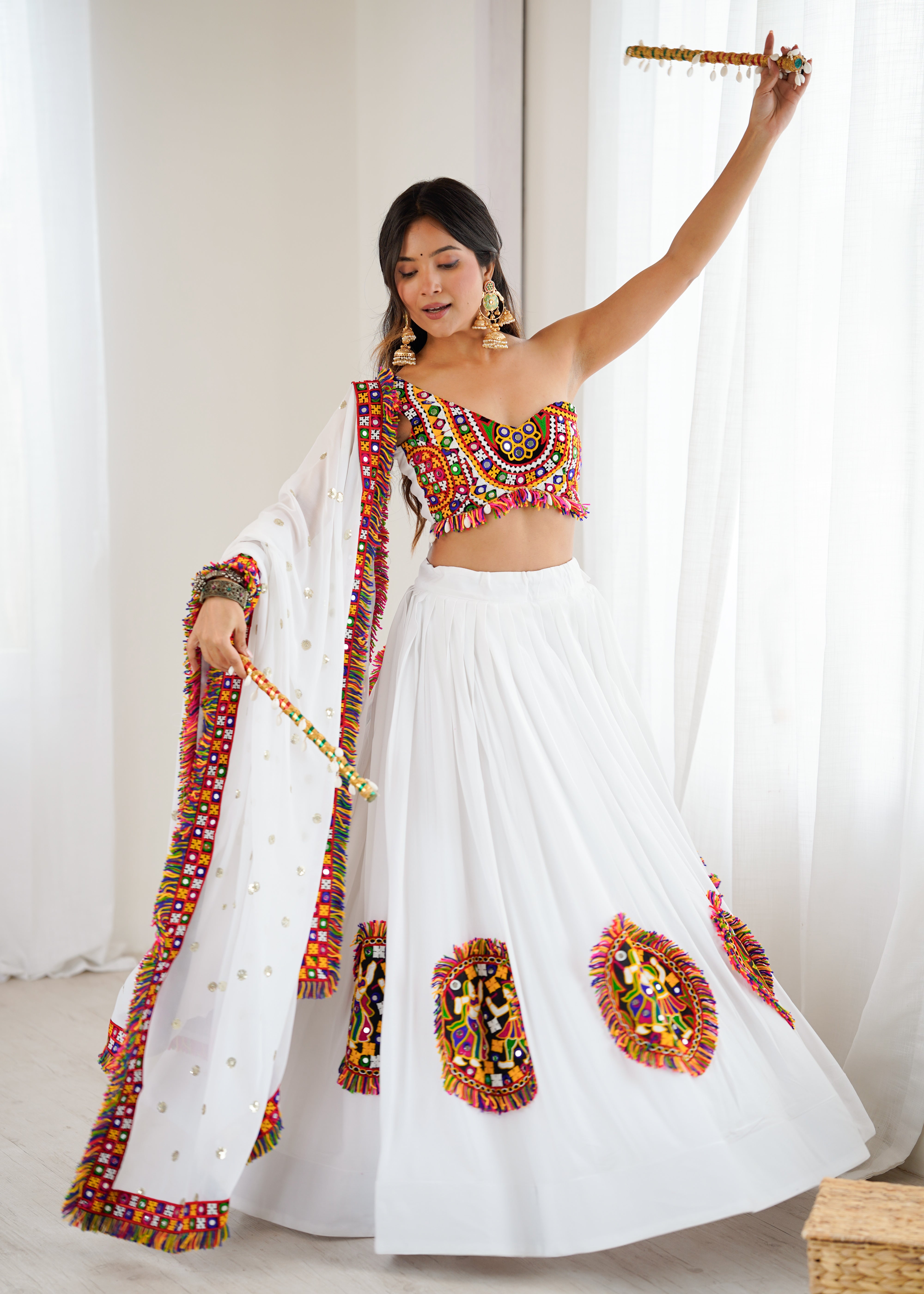 White Heavy Rayon Lehenga Choli with Gamthi Thread & Real Mirror Work | 4-Meter Flair with Georgette Dupatta (Ready to Wear, Up to Size 44)