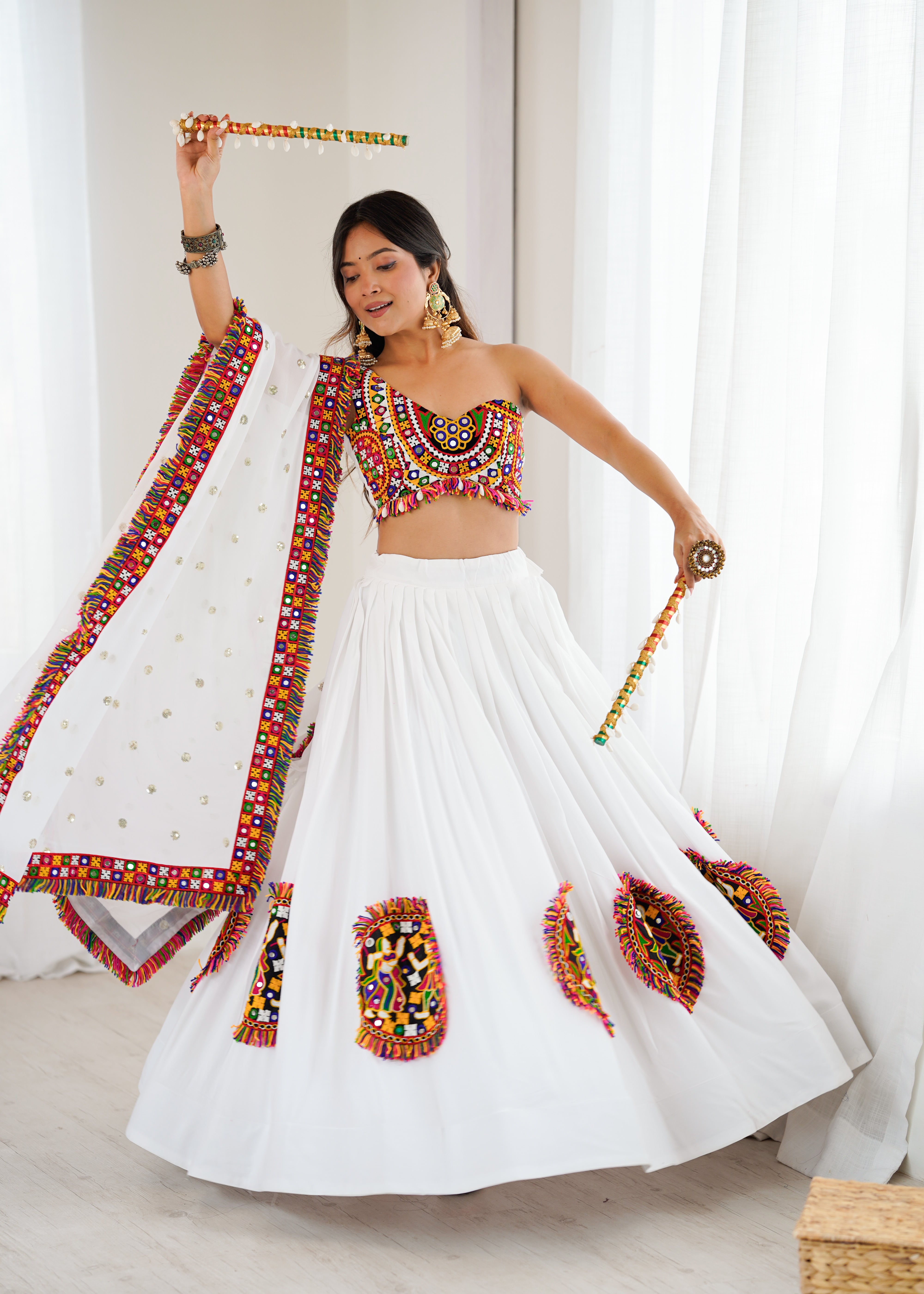 White Heavy Rayon Lehenga Choli with Gamthi Thread & Real Mirror Work | 4-Meter Flair with Georgette Dupatta (Ready to Wear, Up to Size 44)