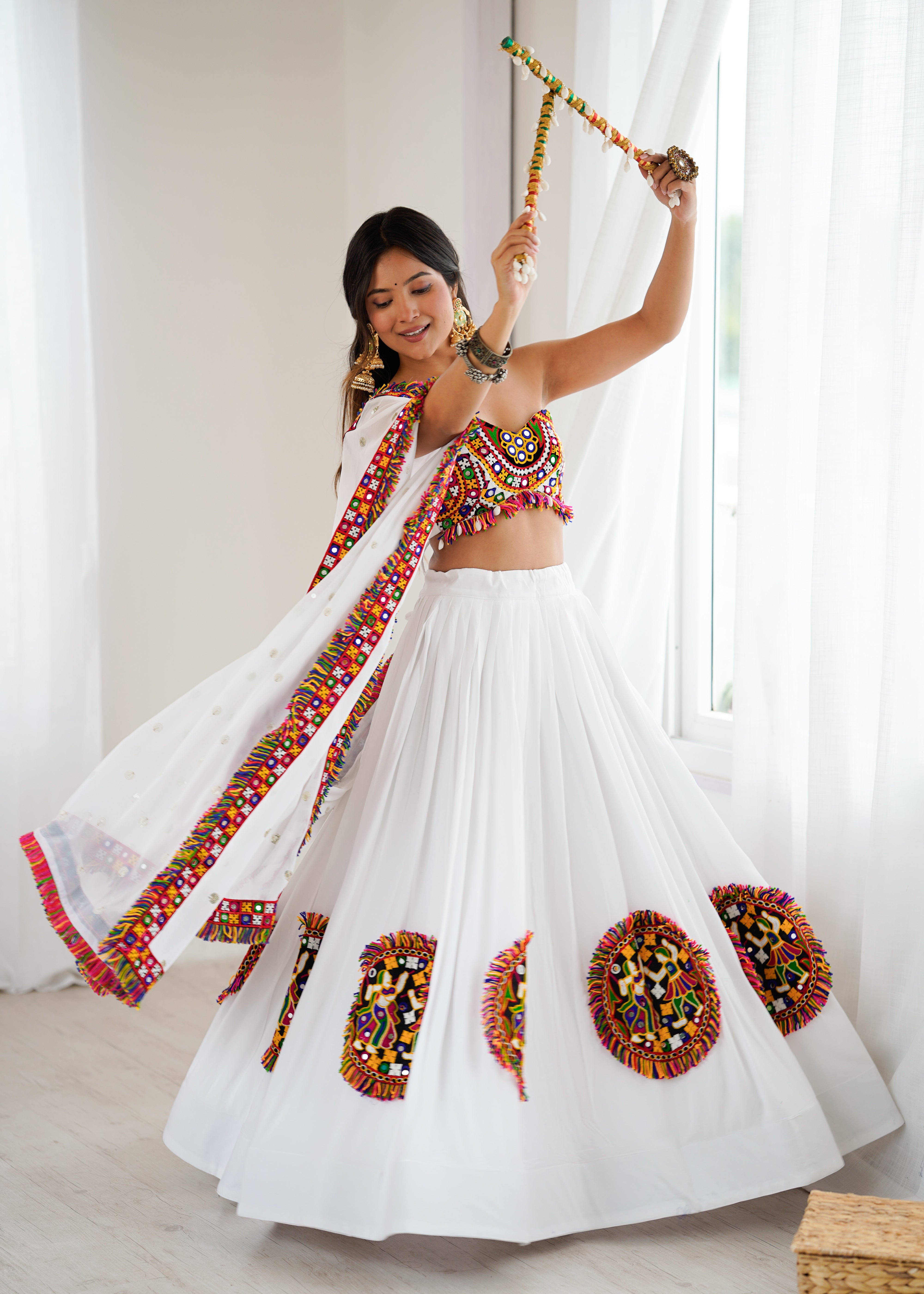 White Heavy Rayon Lehenga Choli with Gamthi Thread & Real Mirror Work | 4-Meter Flair with Georgette Dupatta (Ready to Wear, Up to Size 44)