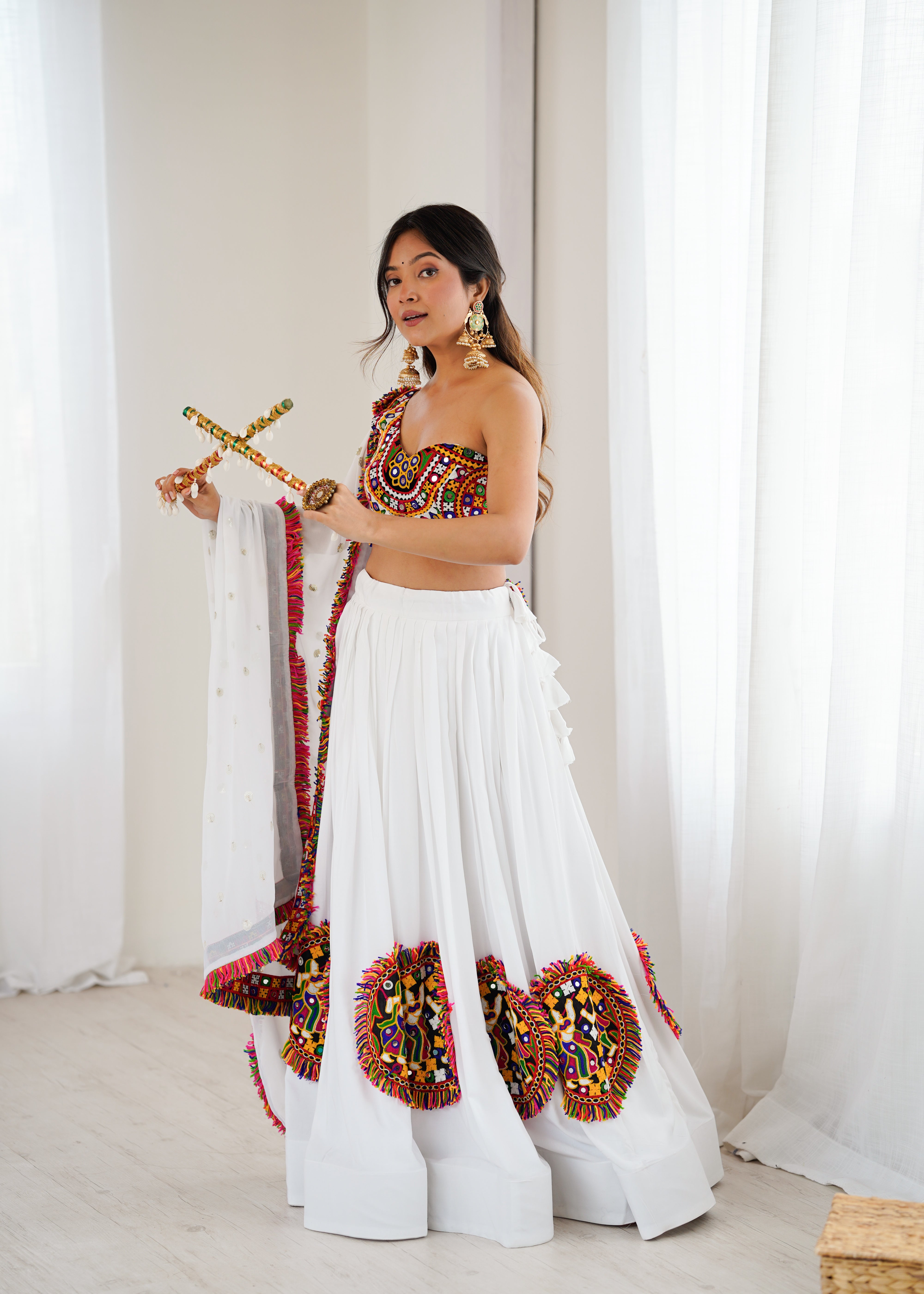 White Heavy Rayon Lehenga Choli with Gamthi Thread & Real Mirror Work | 4-Meter Flair with Georgette Dupatta (Ready to Wear, Up to Size 44)