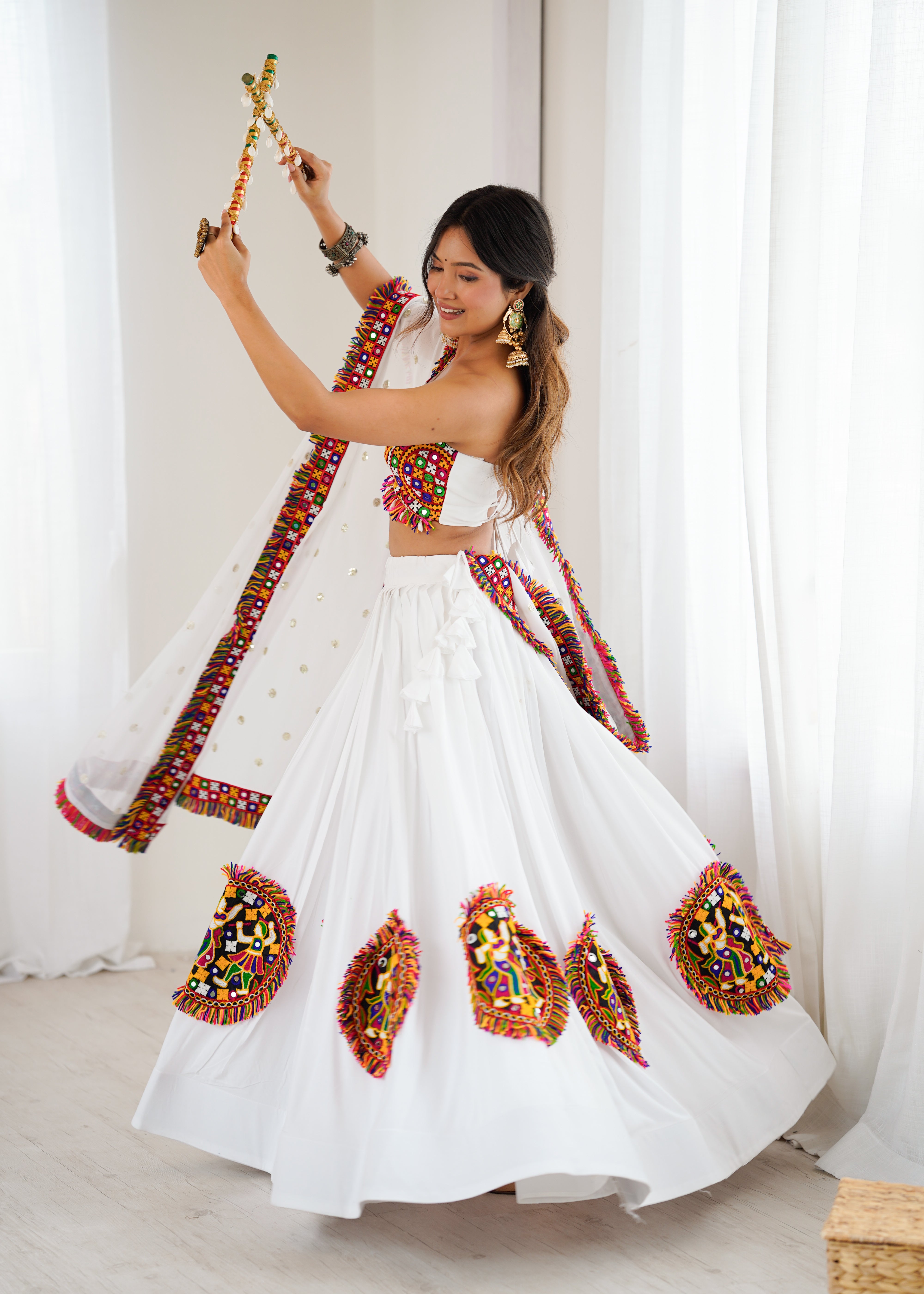 White Heavy Rayon Lehenga Choli with Gamthi Thread & Real Mirror Work | 4-Meter Flair with Georgette Dupatta (Ready to Wear, Up to Size 44)