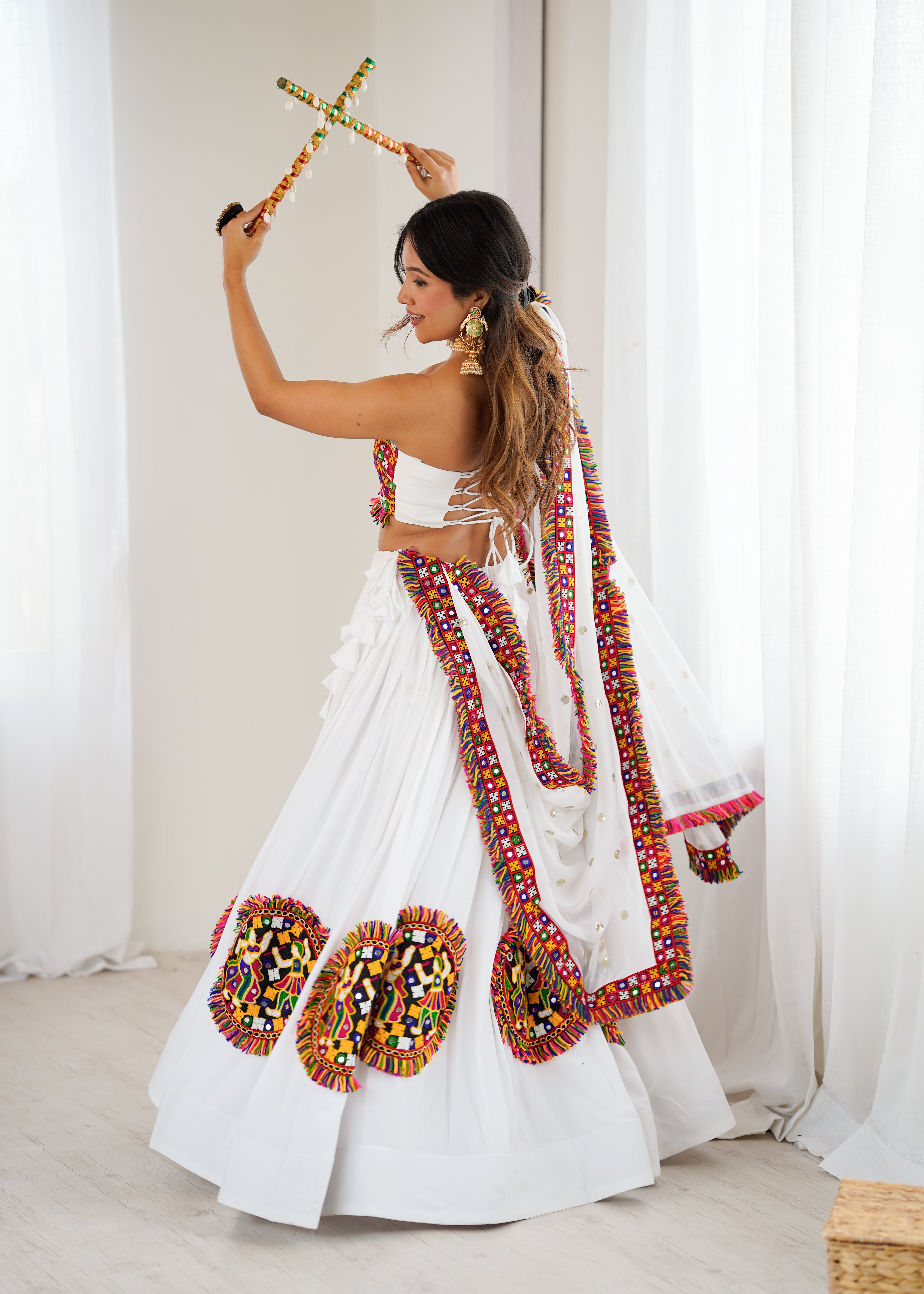 White Heavy Rayon Lehenga Choli with Gamthi Thread & Real Mirror Work | 4-Meter Flair with Georgette Dupatta (Ready to Wear, Up to Size 44)