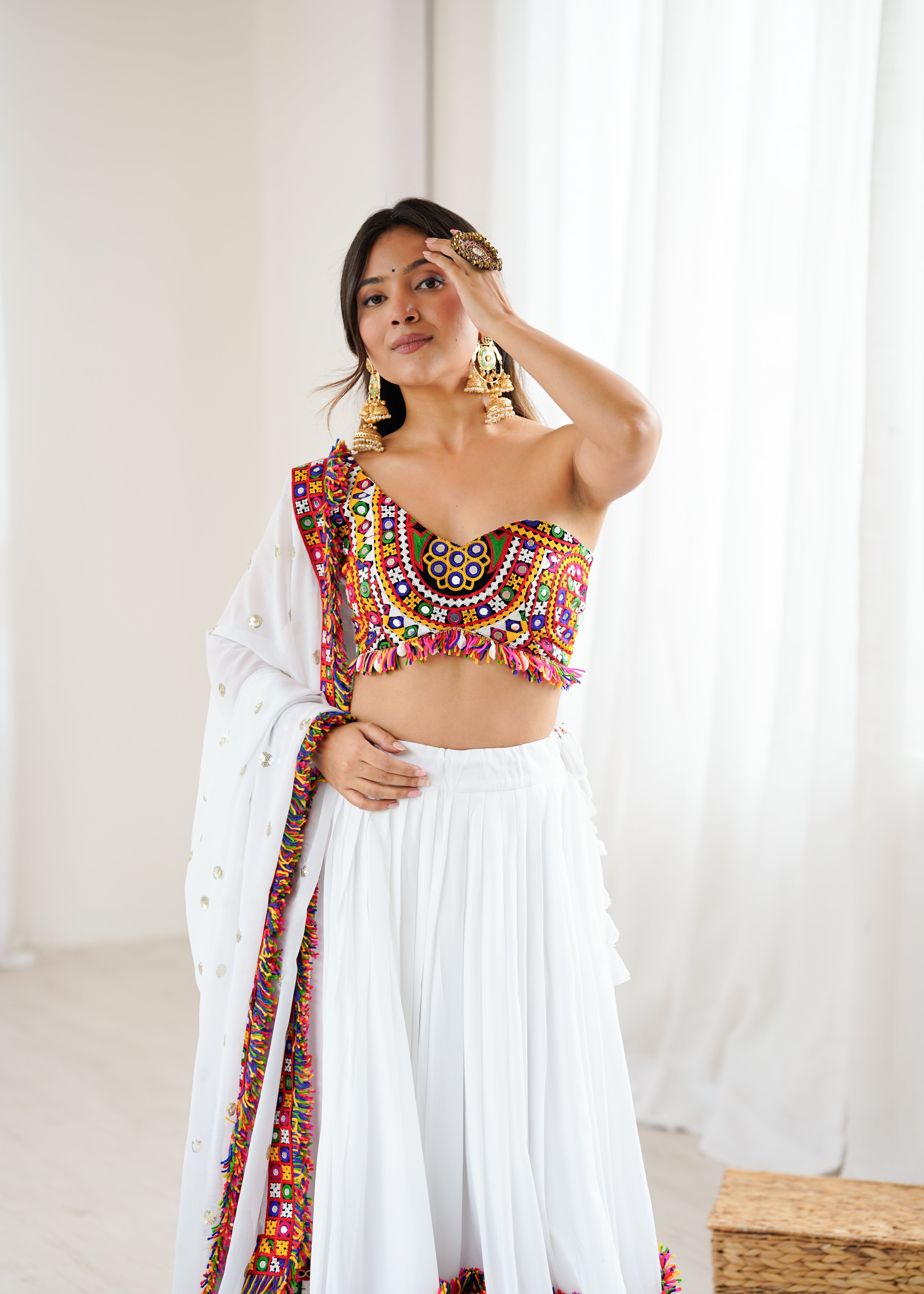 White Heavy Rayon Lehenga Choli with Gamthi Thread & Real Mirror Work | 4-Meter Flair with Georgette Dupatta (Ready to Wear, Up to Size 44)