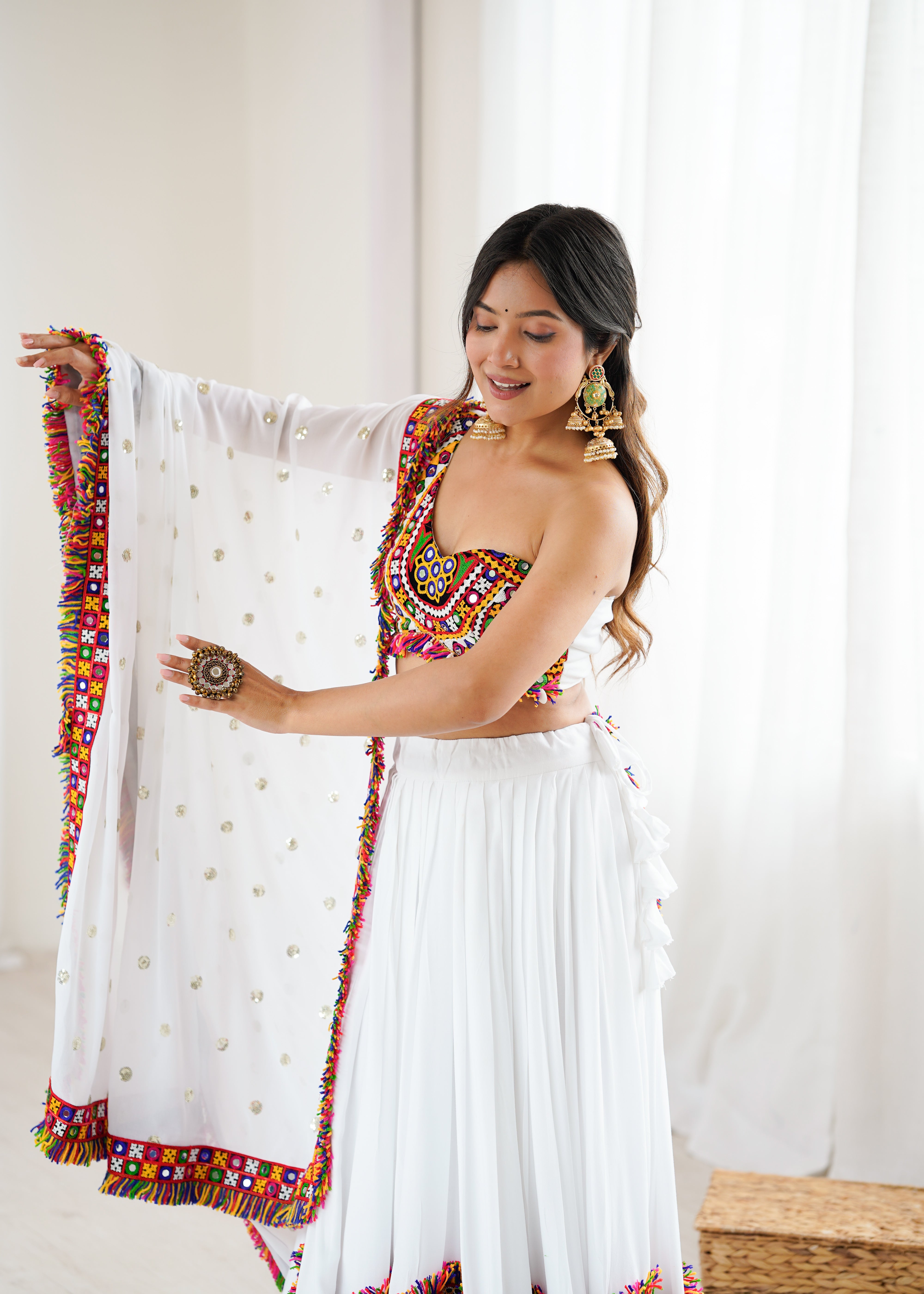 White Heavy Rayon Lehenga Choli with Gamthi Thread & Real Mirror Work | 4-Meter Flair with Georgette Dupatta (Ready to Wear, Up to Size 44)