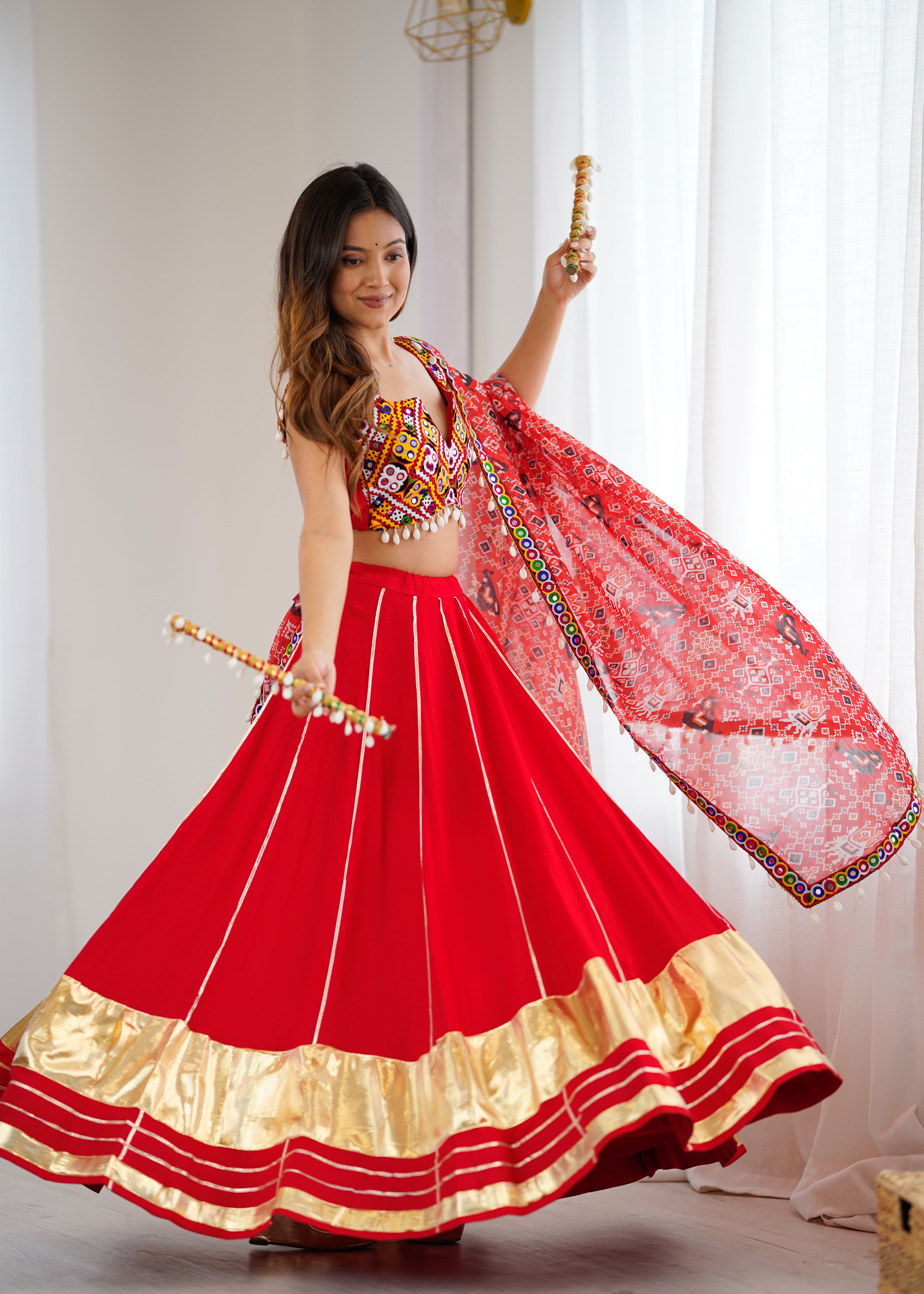 ❤️ Red Heavy Rayon Lagdi Patta Lehenga Choli with Gamthi Mirror Work & Printed Dupatta 🪞