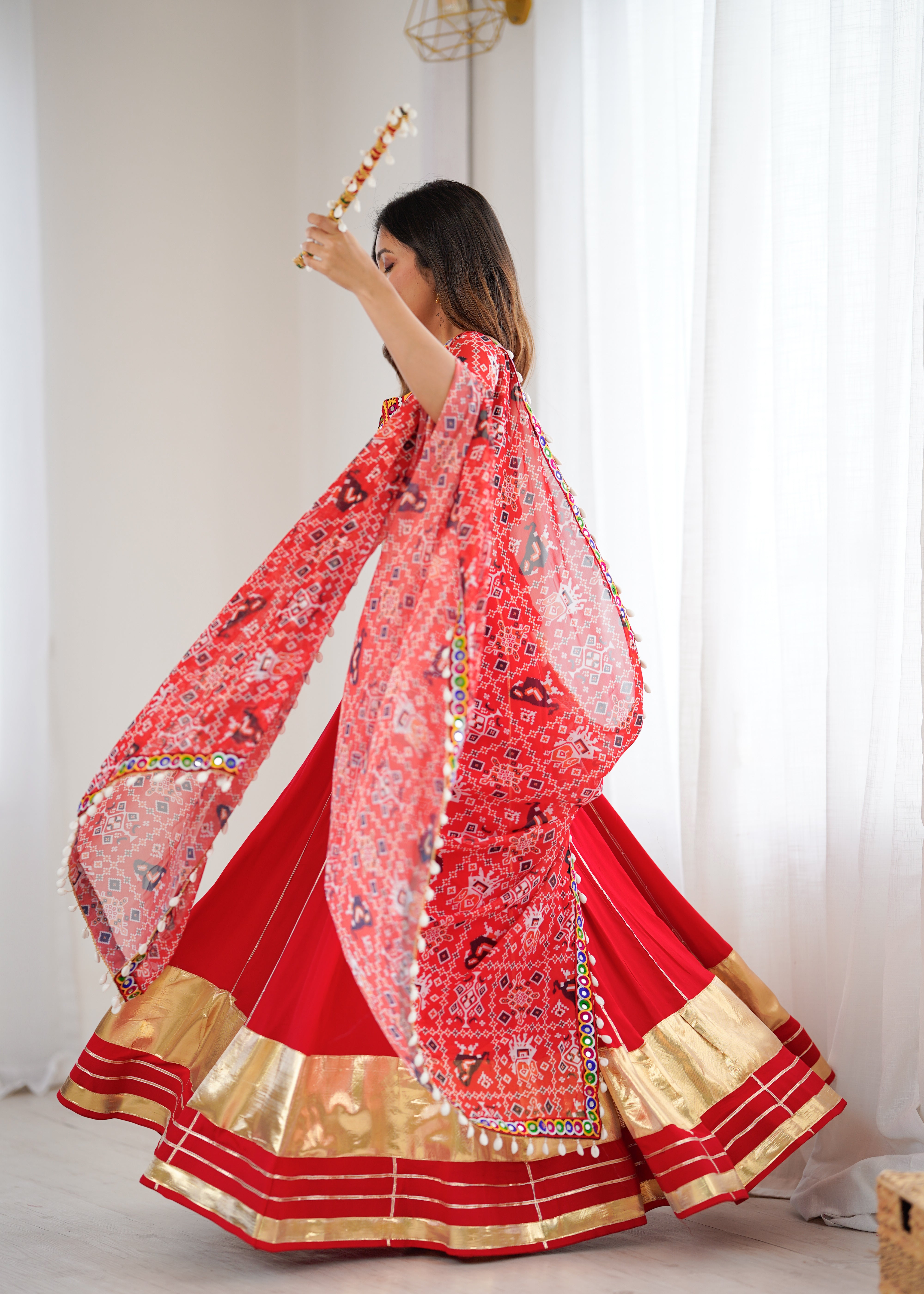 ❤️ Red Heavy Rayon Lagdi Patta Lehenga Choli with Gamthi Mirror Work & Printed Dupatta 🪞