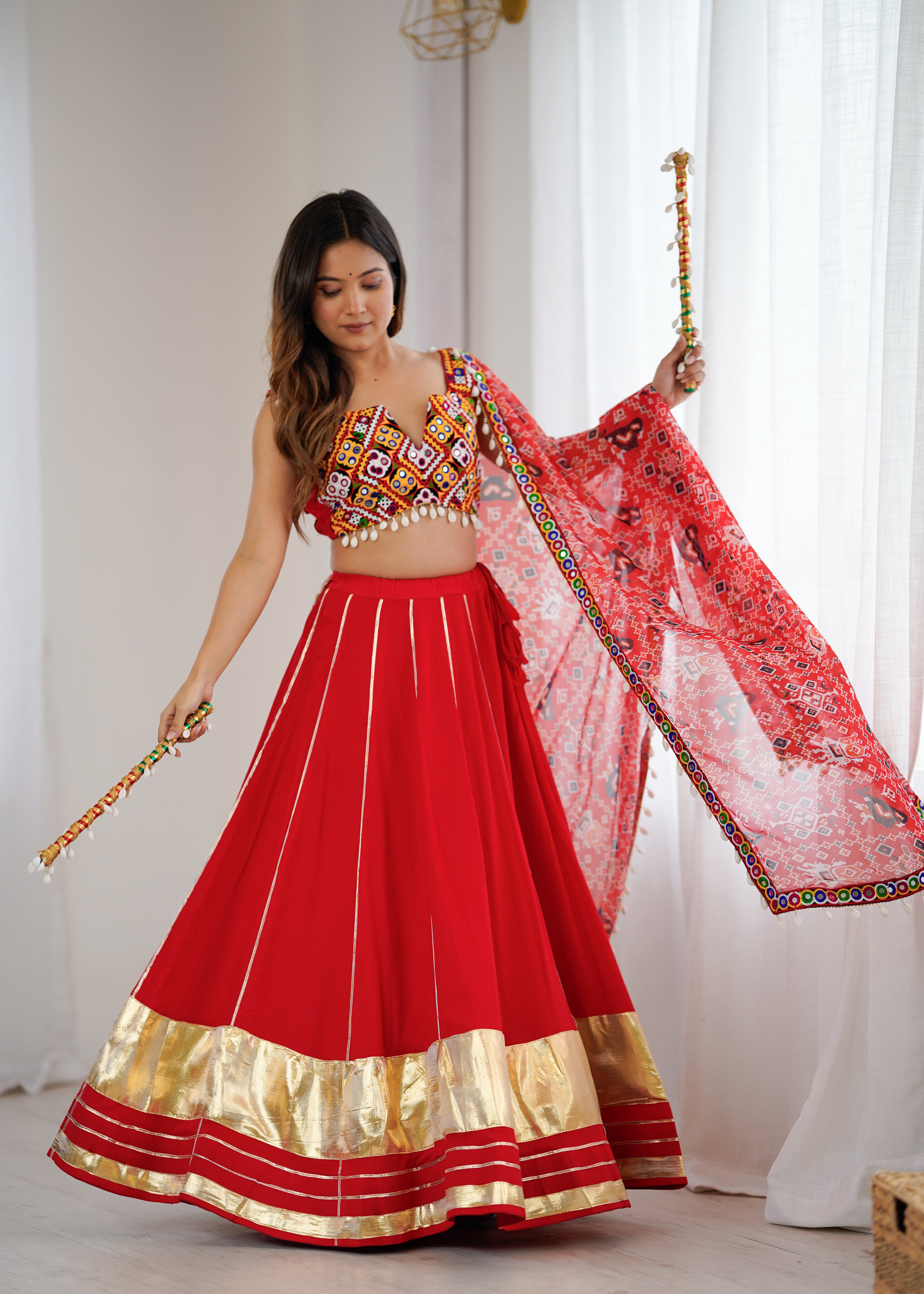 ❤️ Red Heavy Rayon Lagdi Patta Lehenga Choli with Gamthi Mirror Work & Printed Dupatta 🪞