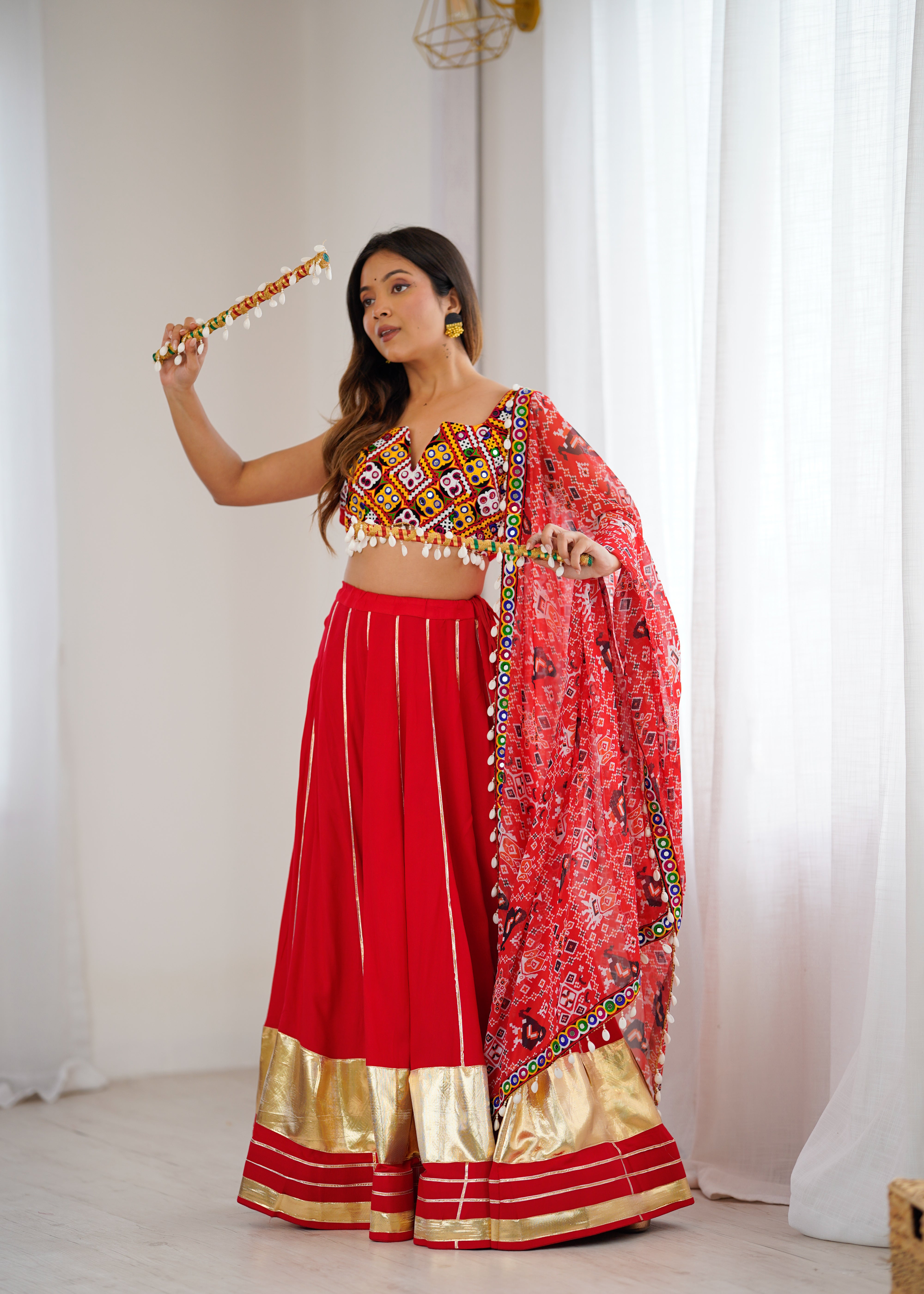 ❤️ Red Heavy Rayon Lagdi Patta Lehenga Choli with Gamthi Mirror Work & Printed Dupatta 🪞