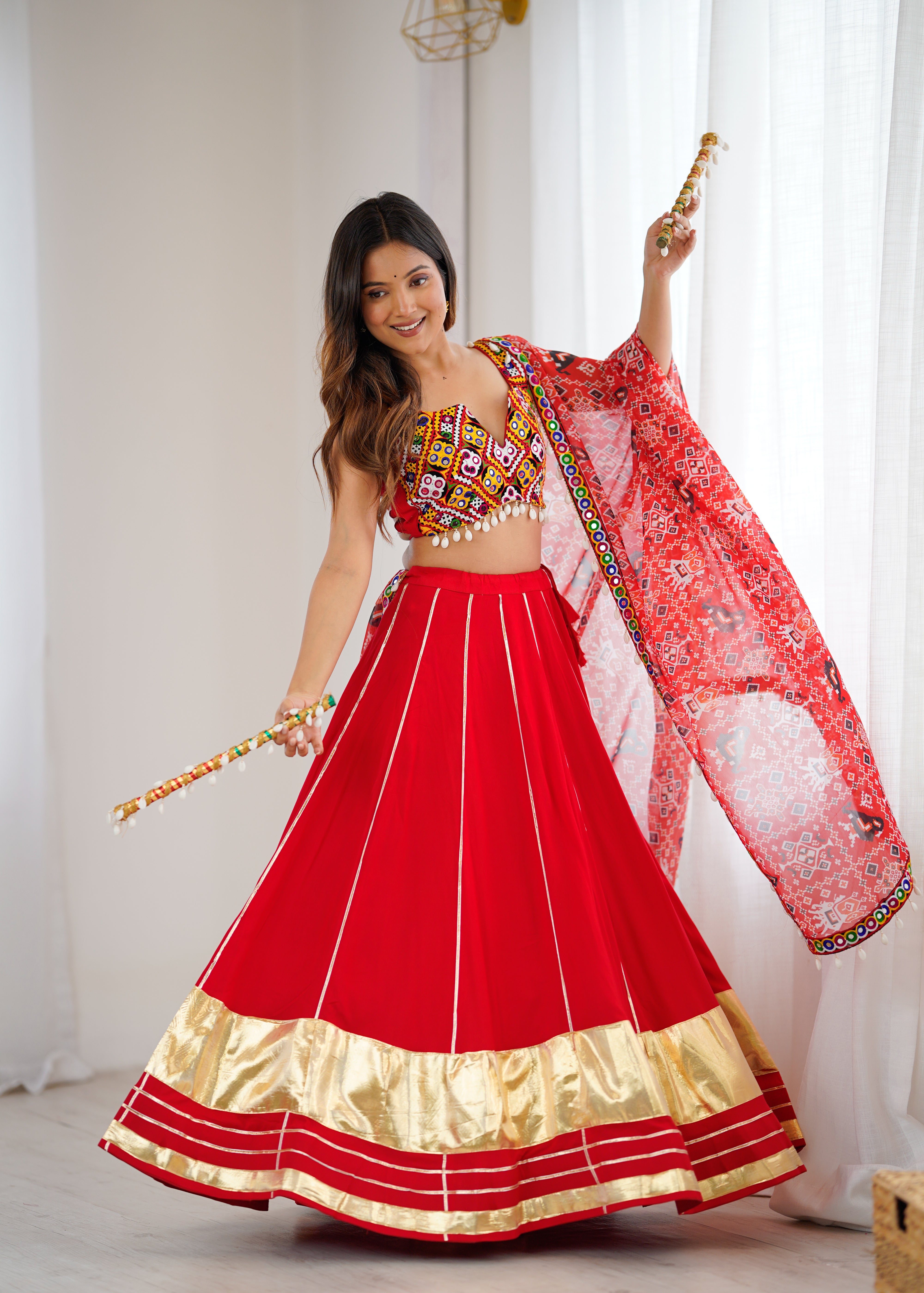 ❤️ Red Heavy Rayon Lagdi Patta Lehenga Choli with Gamthi Mirror Work & Printed Dupatta 🪞