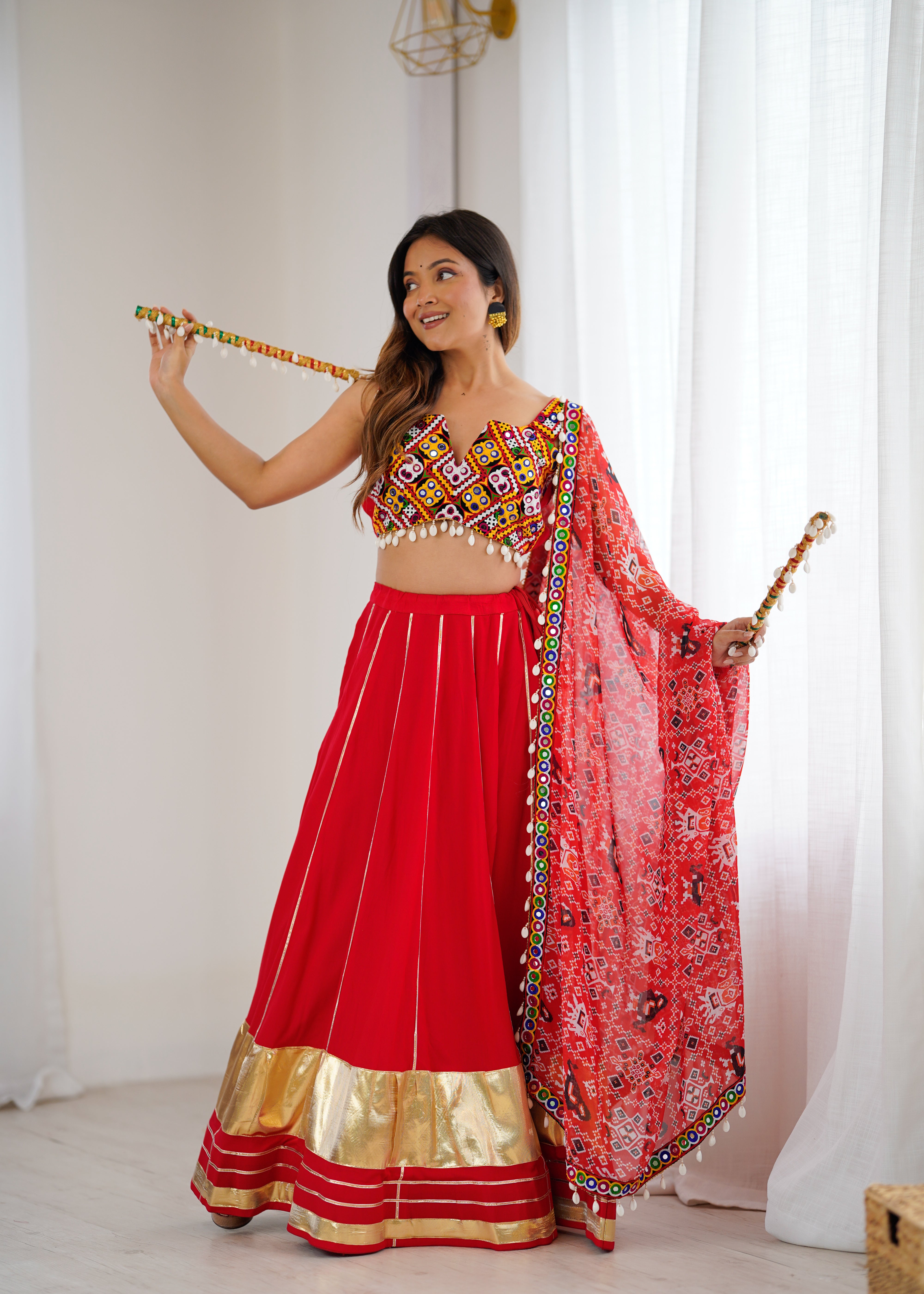 ❤️ Red Heavy Rayon Lagdi Patta Lehenga Choli with Gamthi Mirror Work & Printed Dupatta 🪞